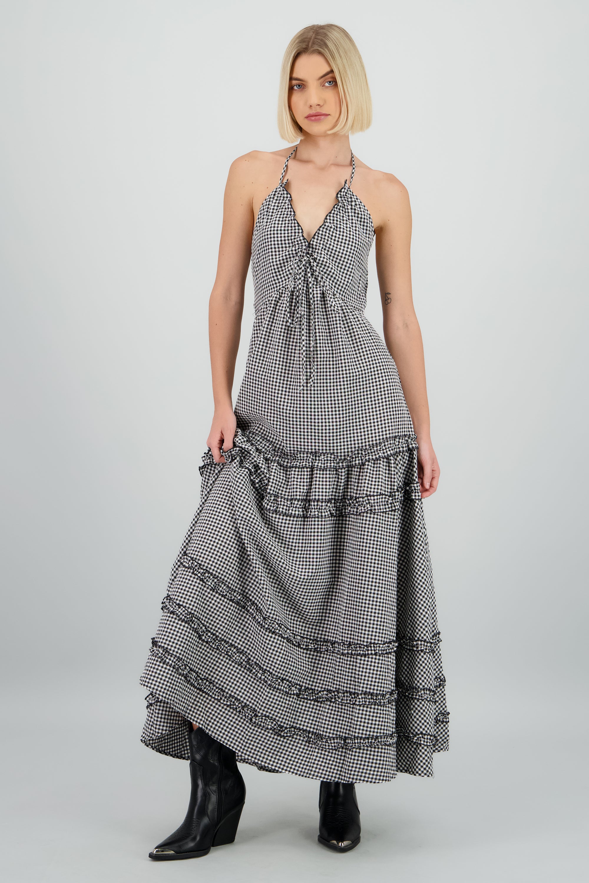 Maxi vestido escote halter cuadros NEGRO BLANCO
