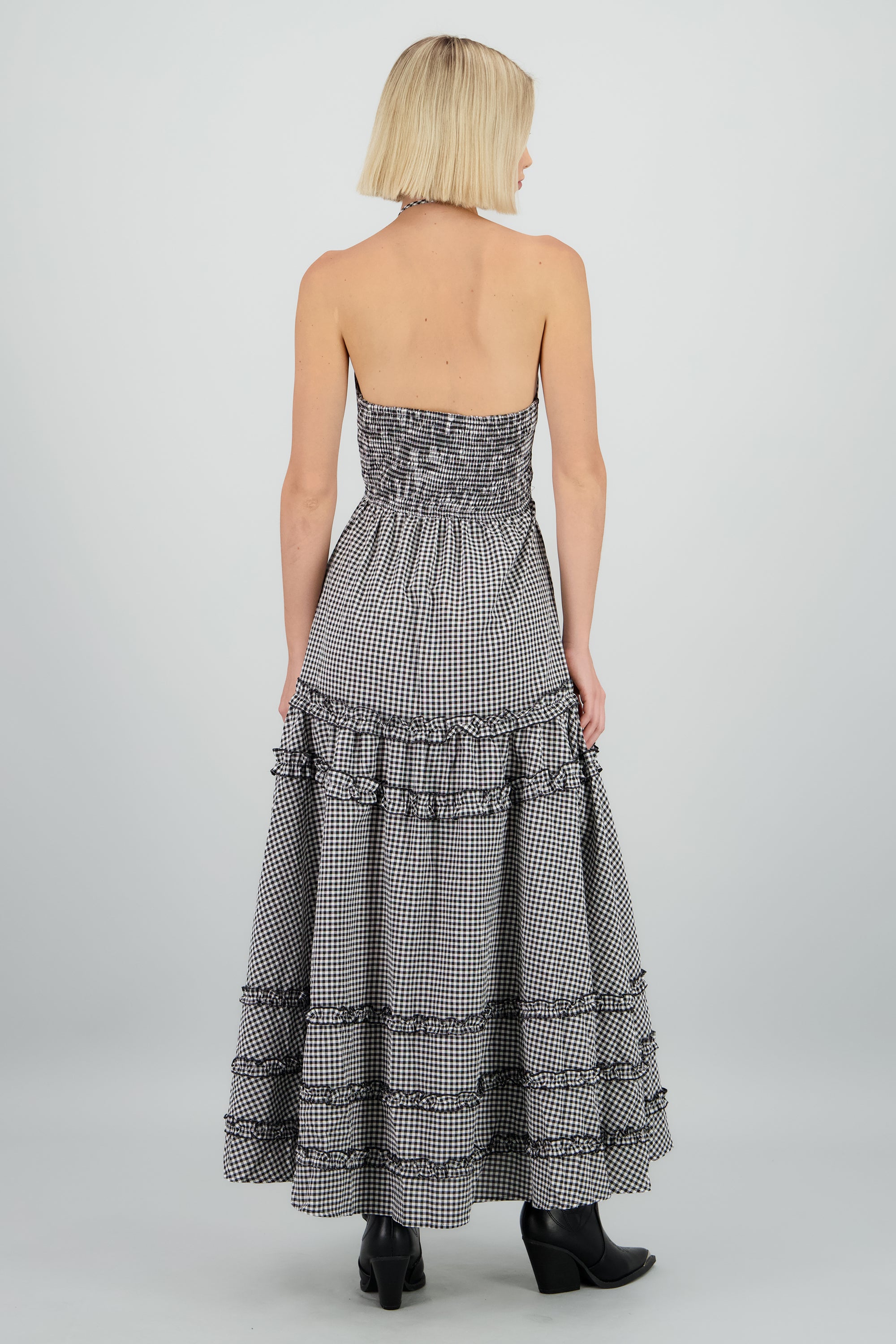 Maxi vestido escote halter cuadros NEGRO BLANCO