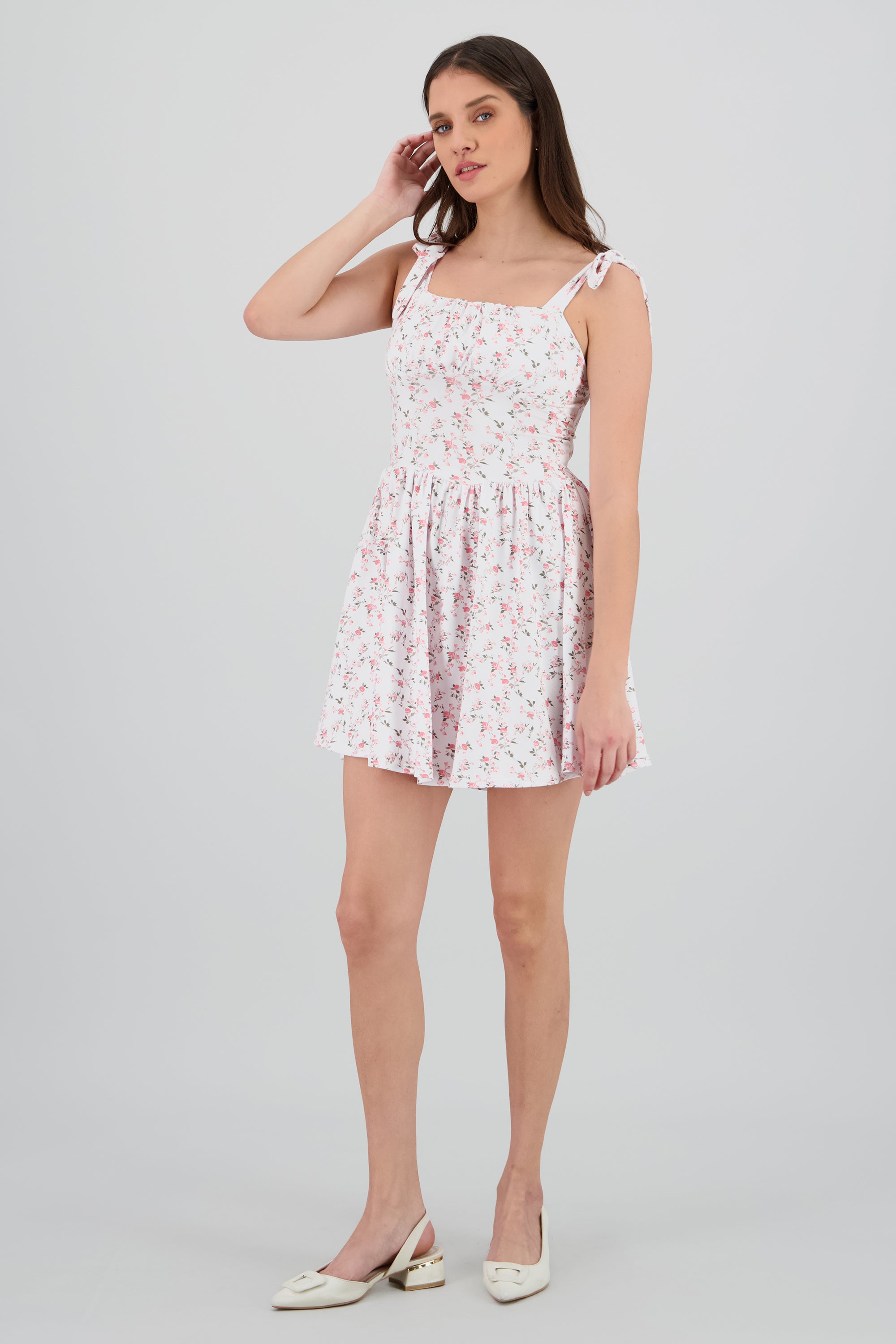 Vestido mini tirantes frunces BLANCO COMBO