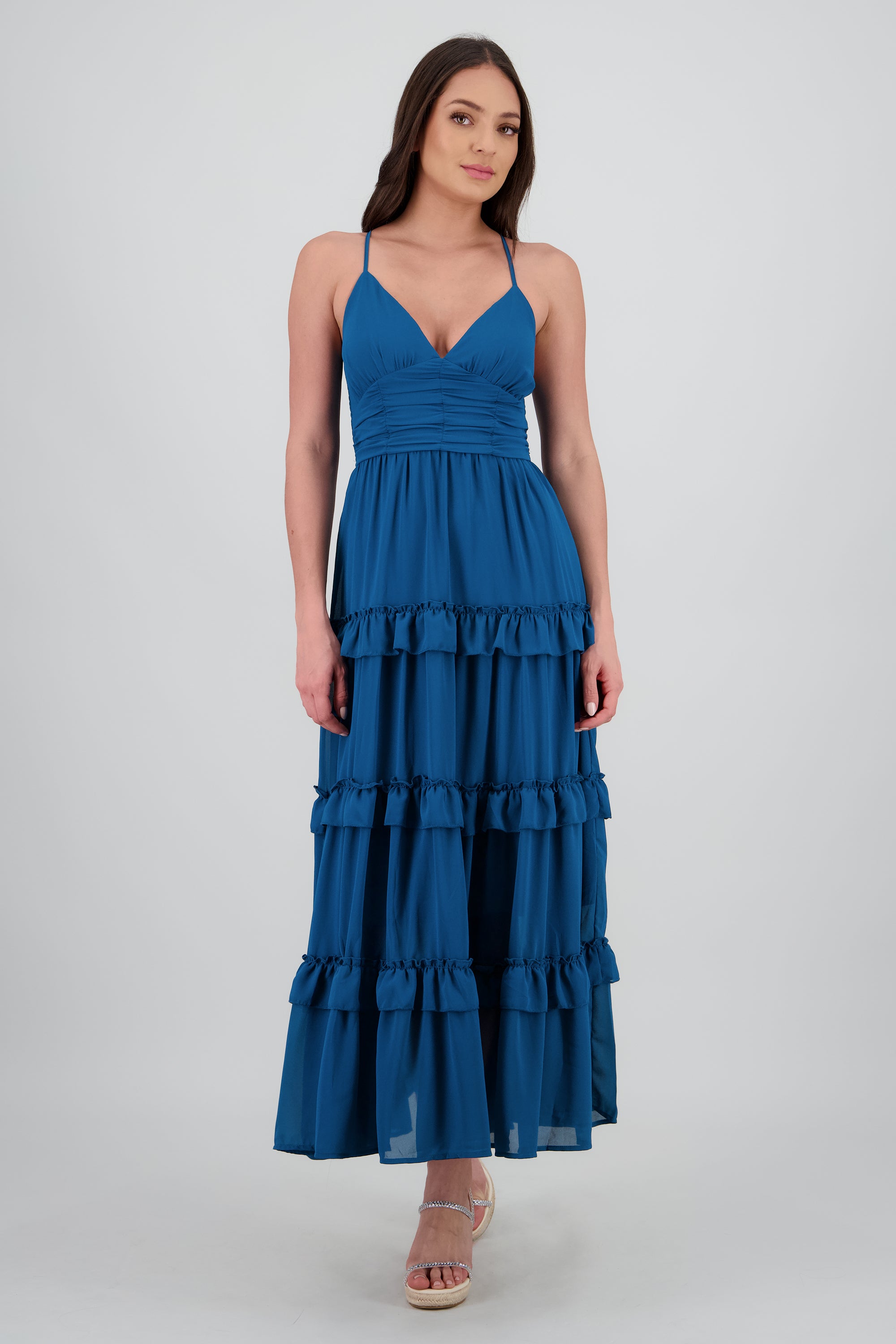 Maxi vestido con volumen y olanes AZUL PATO