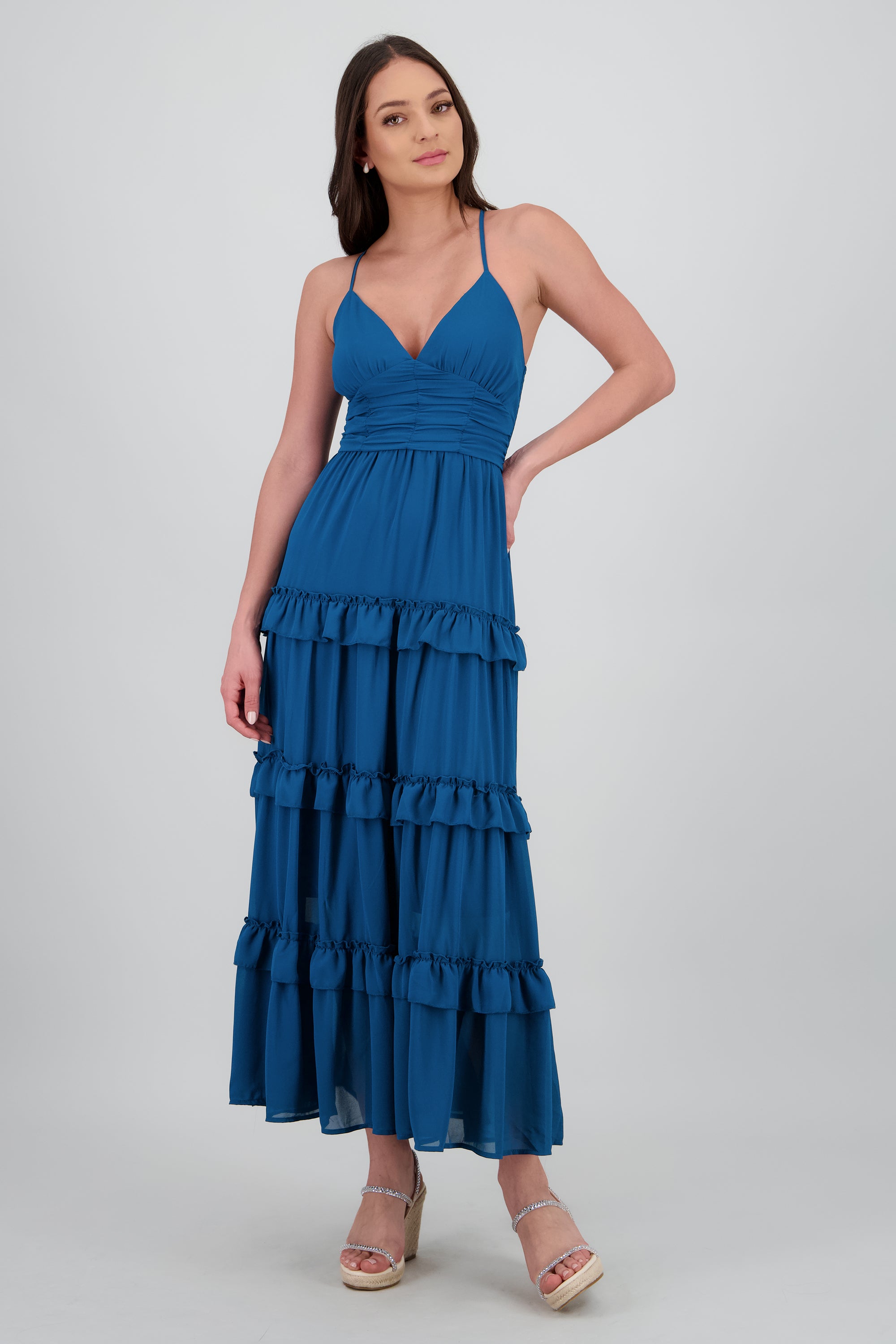 Maxi vestido con volumen y olanes AZUL PATO