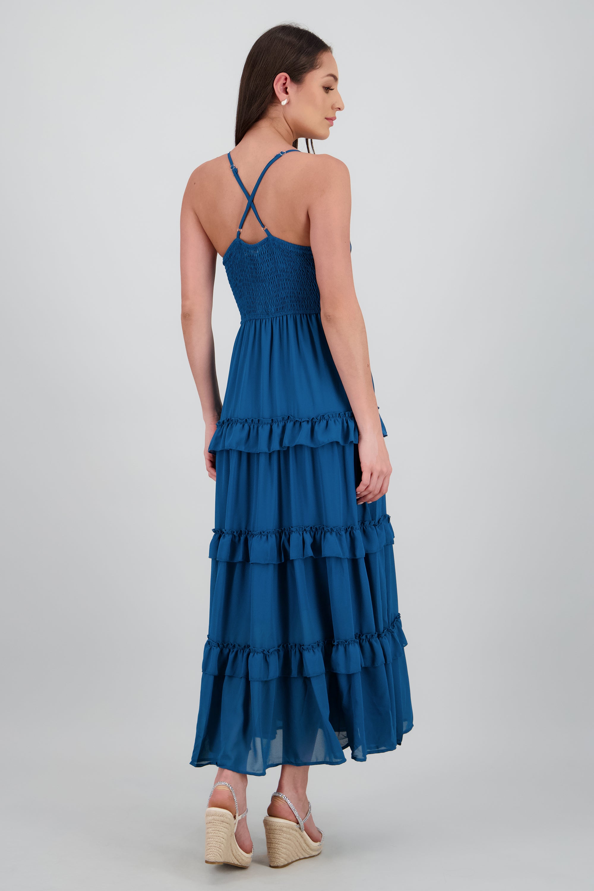 Maxi vestido con volumen y olanes AZUL PATO