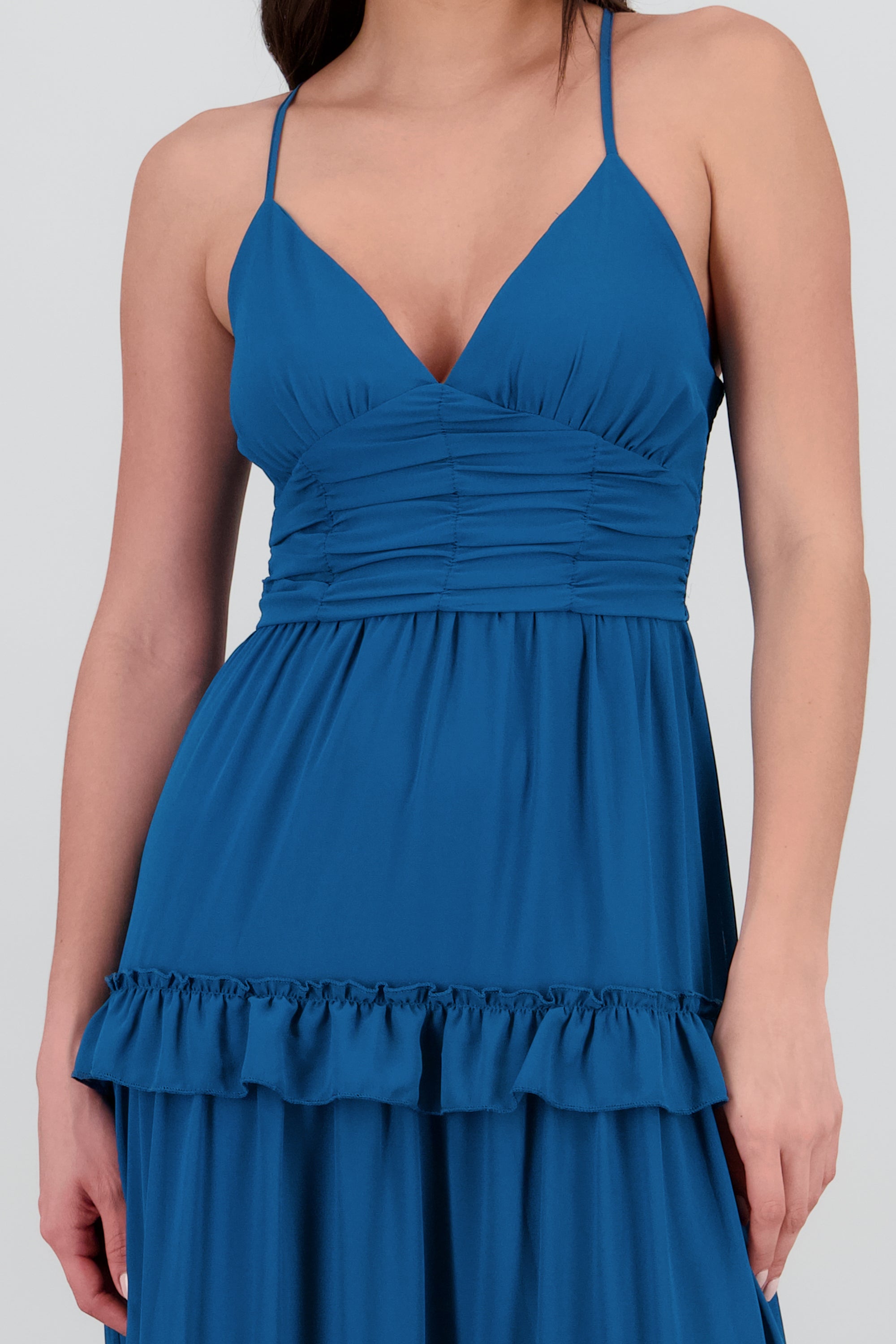 Maxi vestido con volumen y olanes AZUL PATO