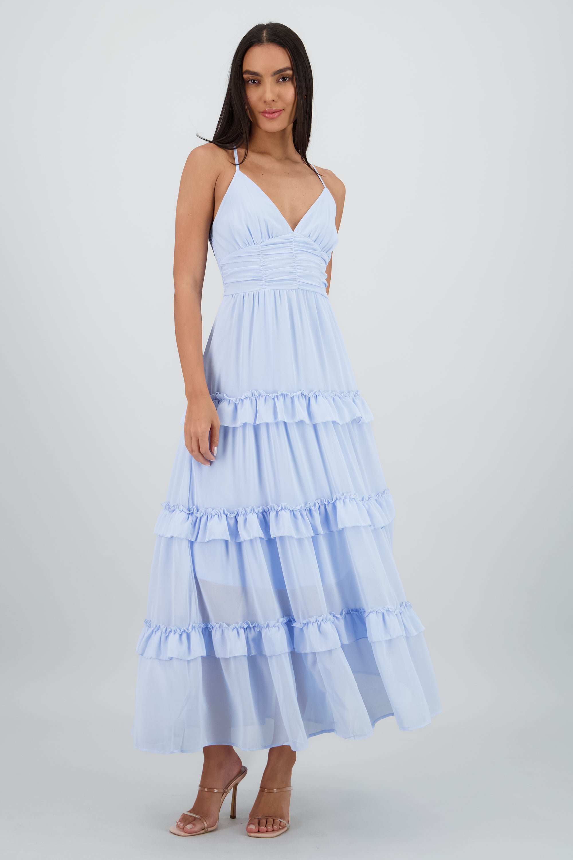 Maxi vestido con volumen y olanes AZUL CIELO