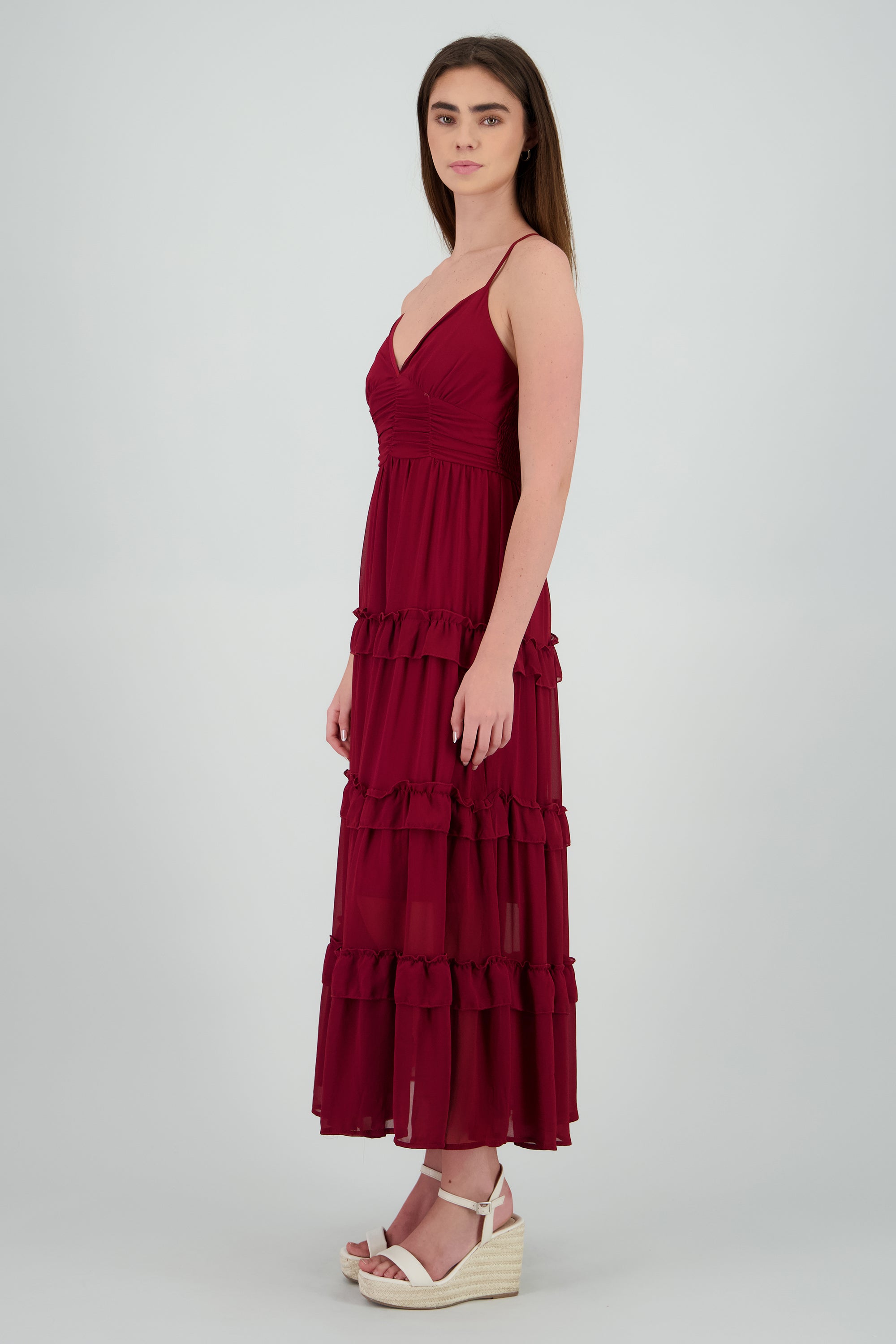 Maxi vestido con volumen y olanes VINO