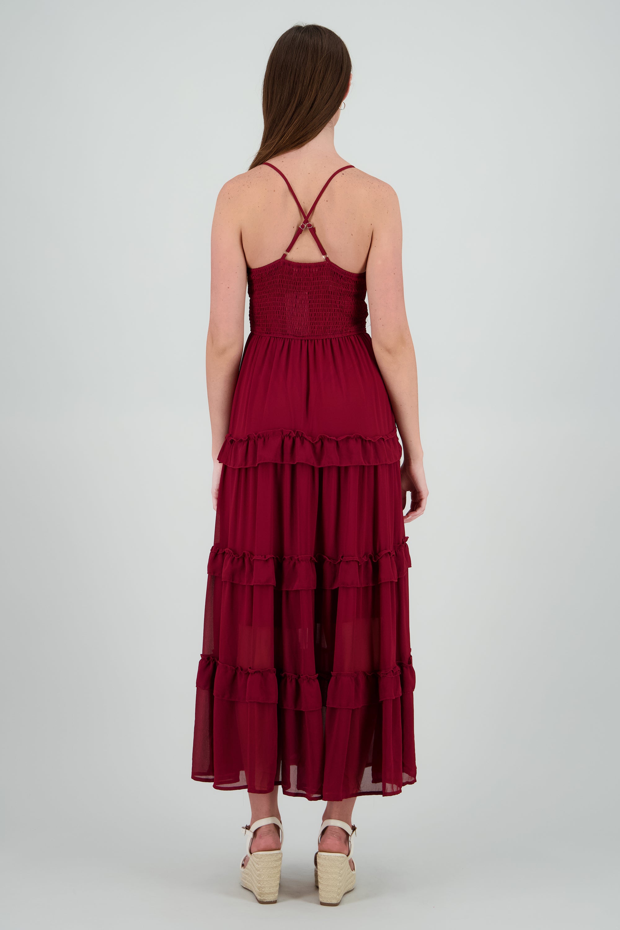 Maxi vestido con volumen y olanes VINO