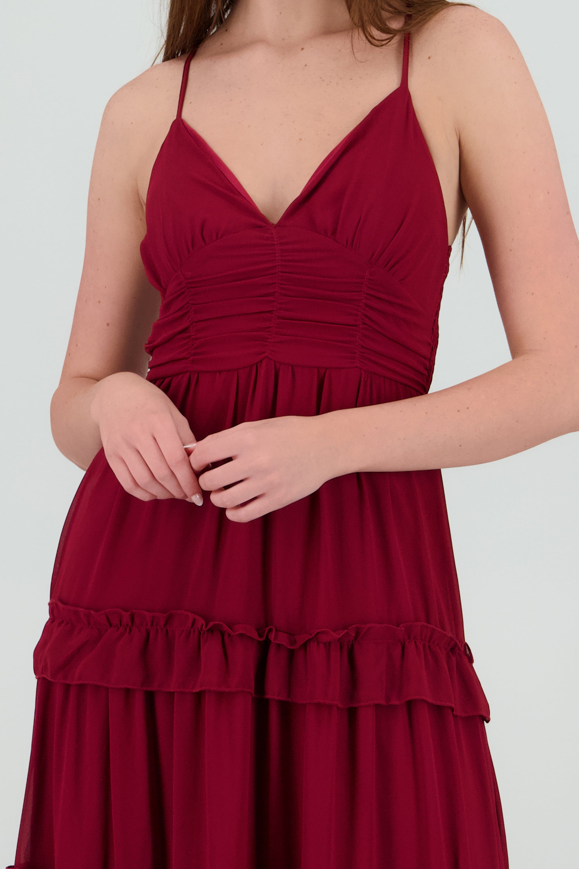 Maxi vestido con volumen y olanes VINO