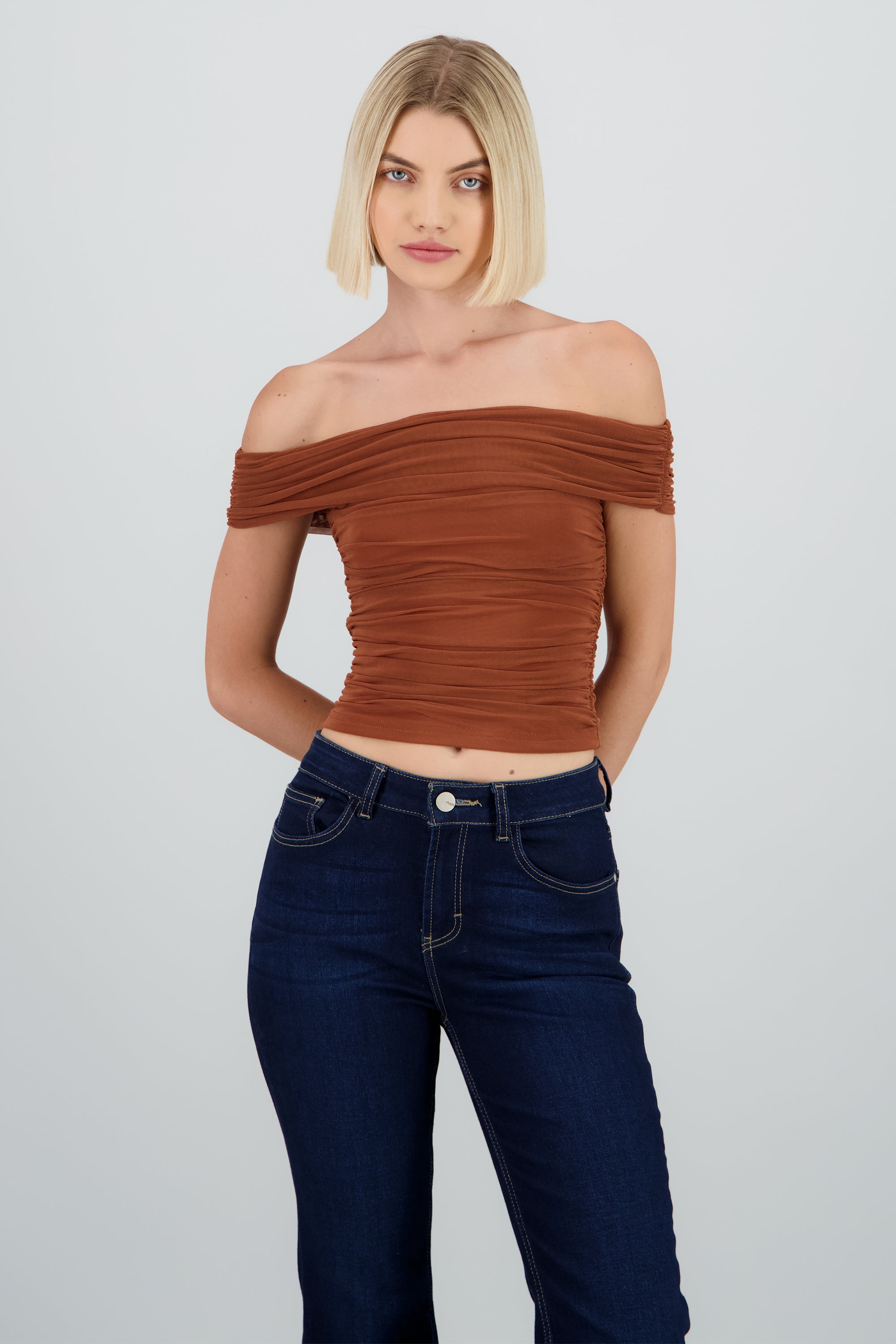 Top off shoulder mesh drapeado CAFE