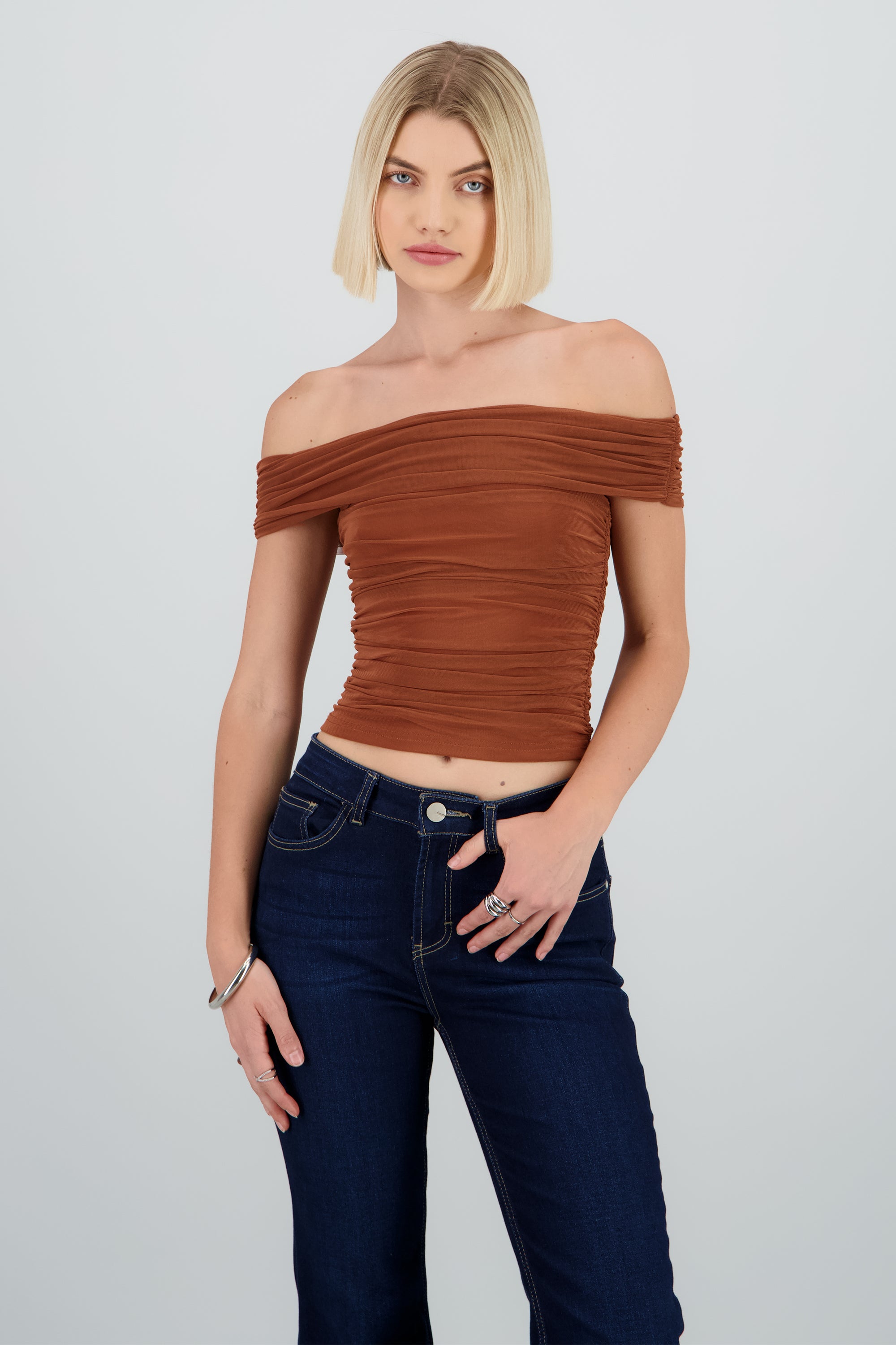 Top off shoulder mesh drapeado CAFE