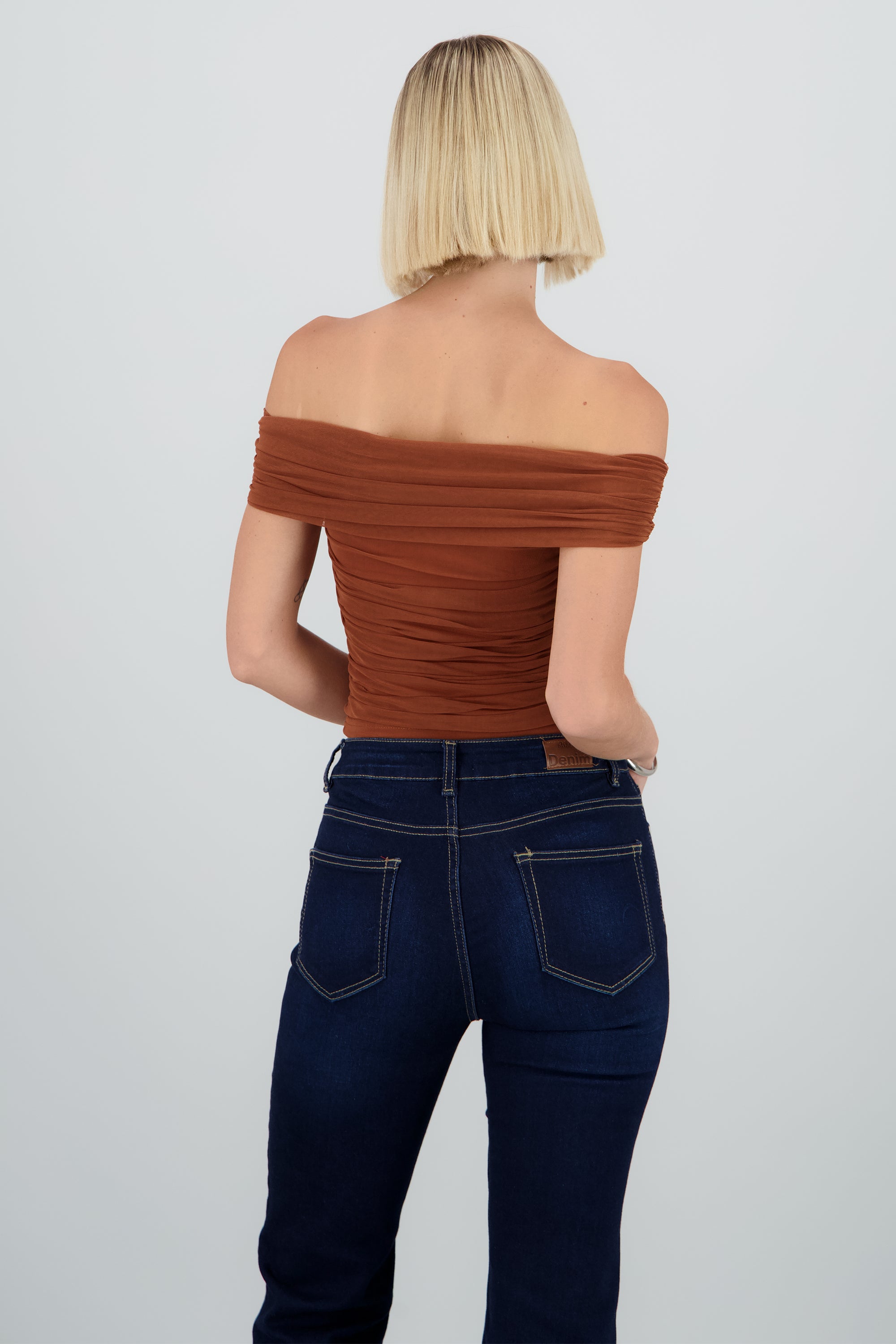 Top off shoulder mesh drapeado CAFE