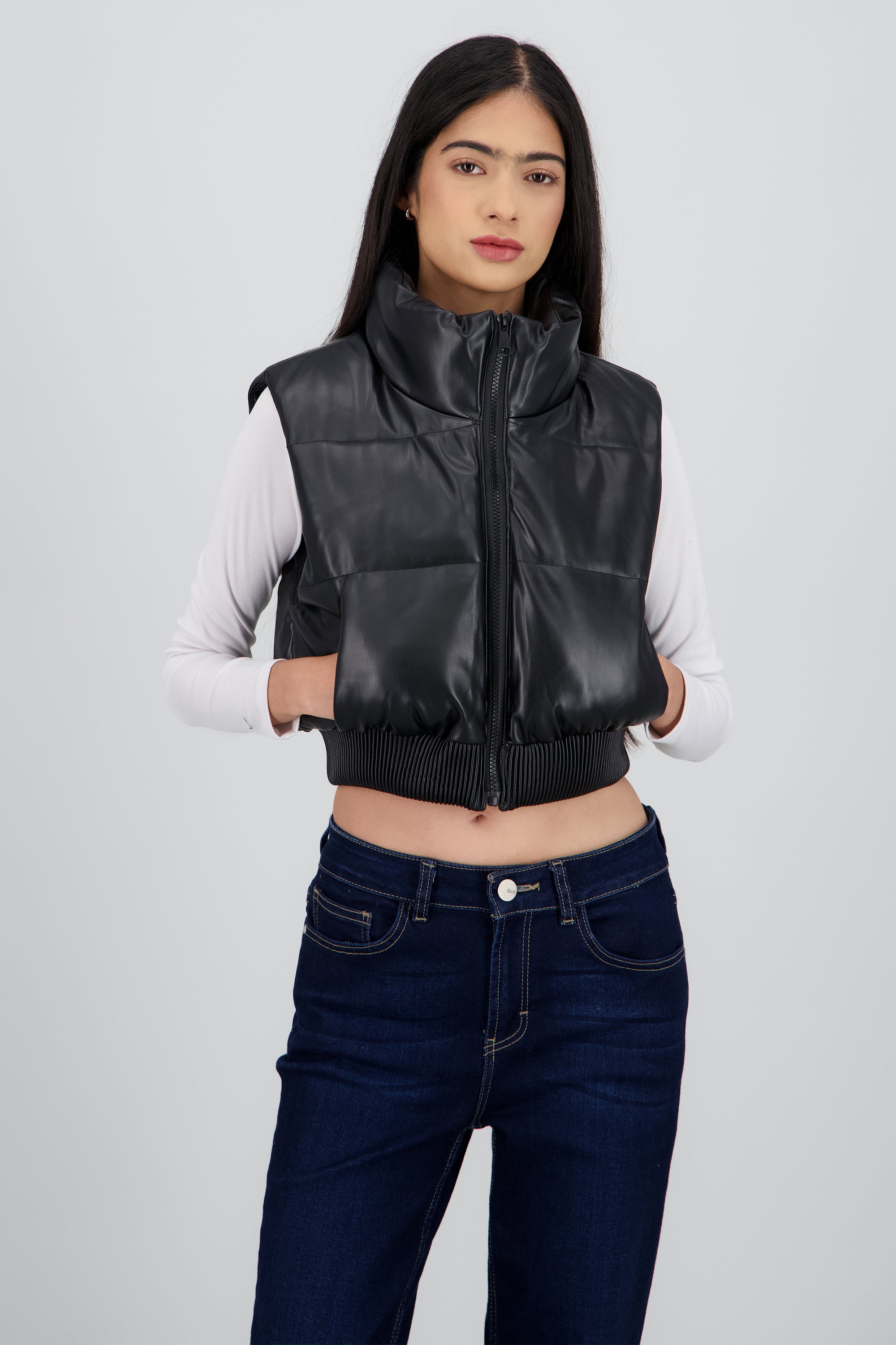 Chaleco PU capitonado con borrego NEGRO
