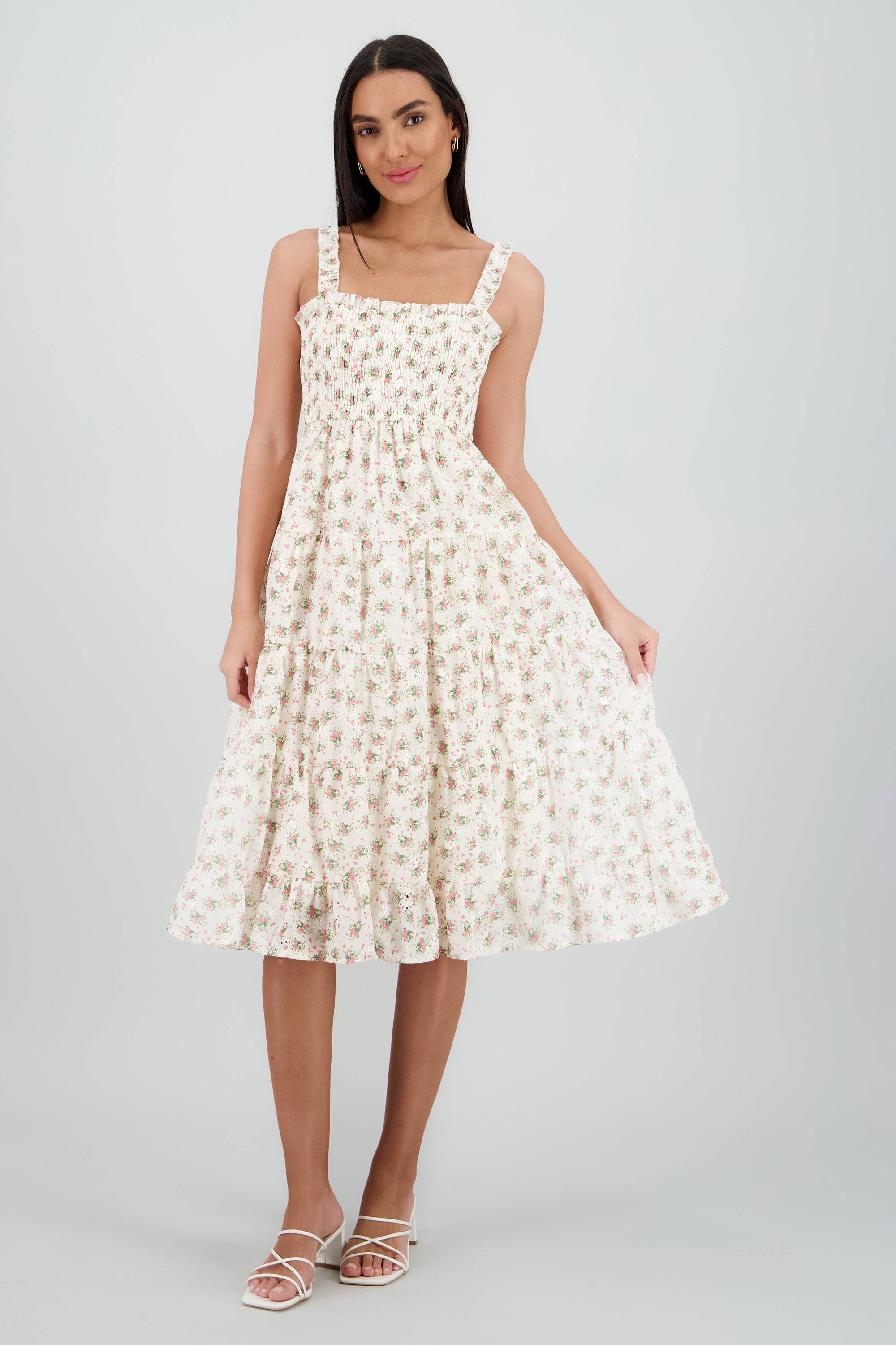 Vestido maxi bordado flores HUESO COMBO