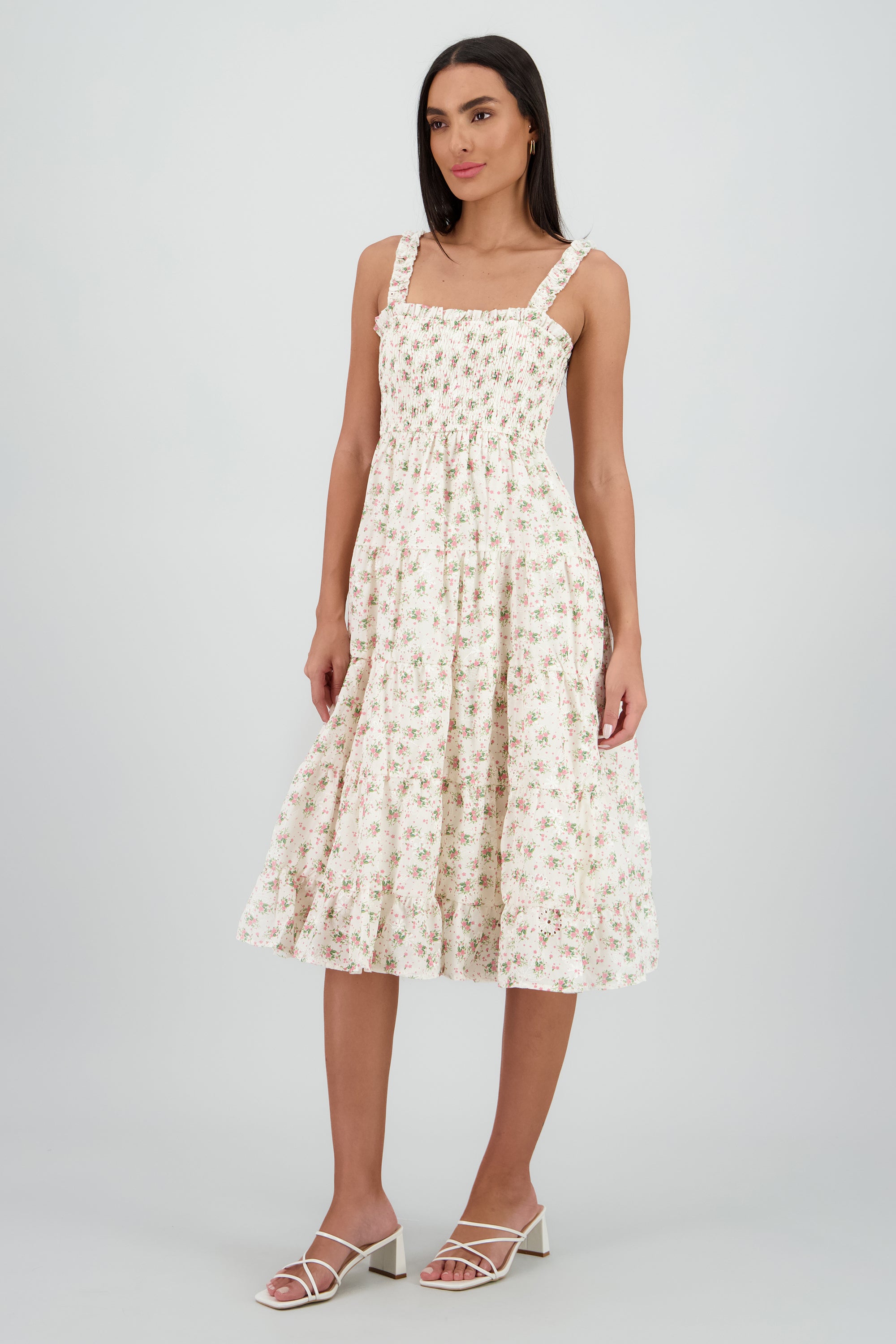 Vestido maxi bordado flores HUESO COMBO