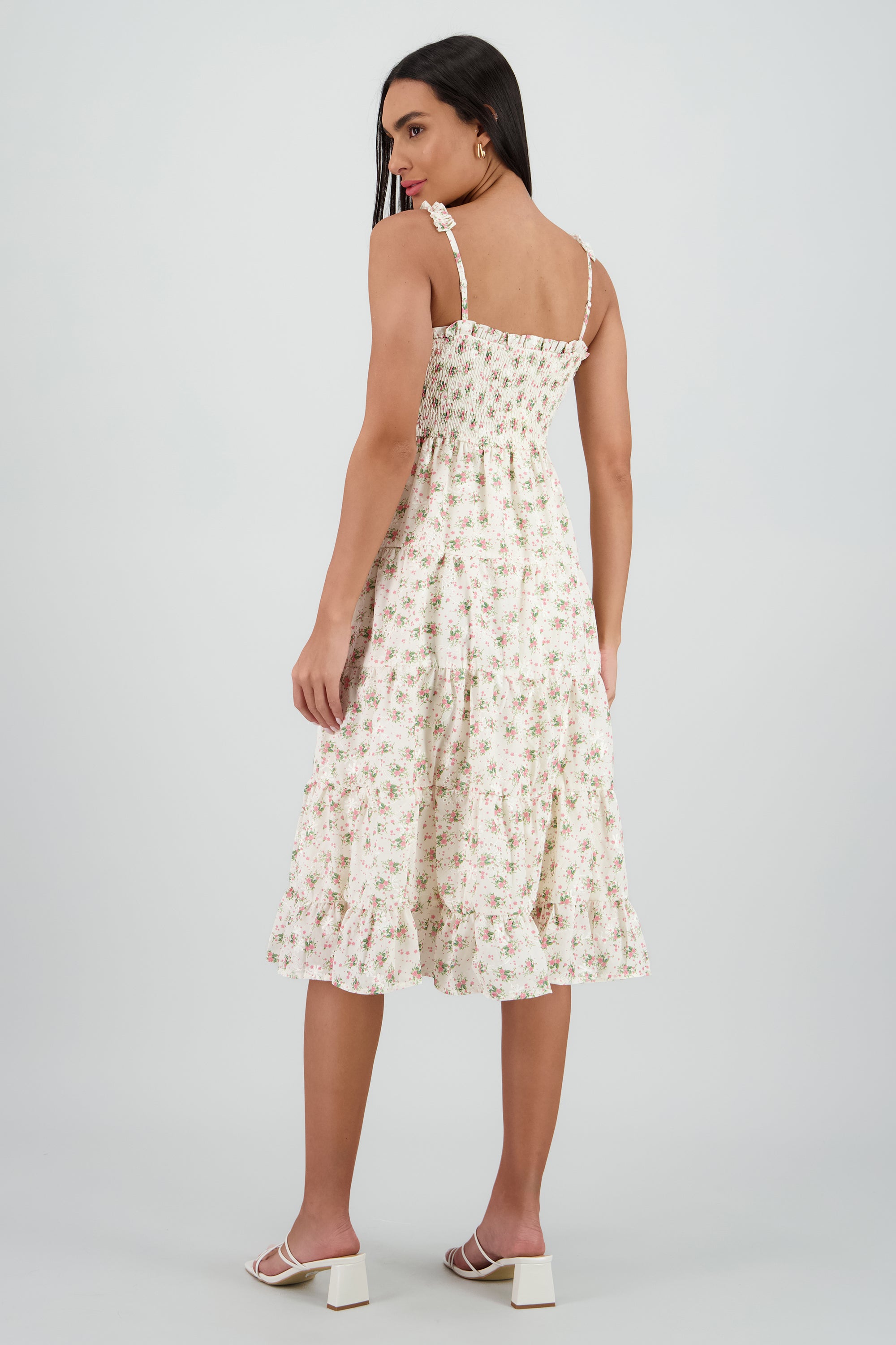 Vestido maxi bordado flores HUESO COMBO