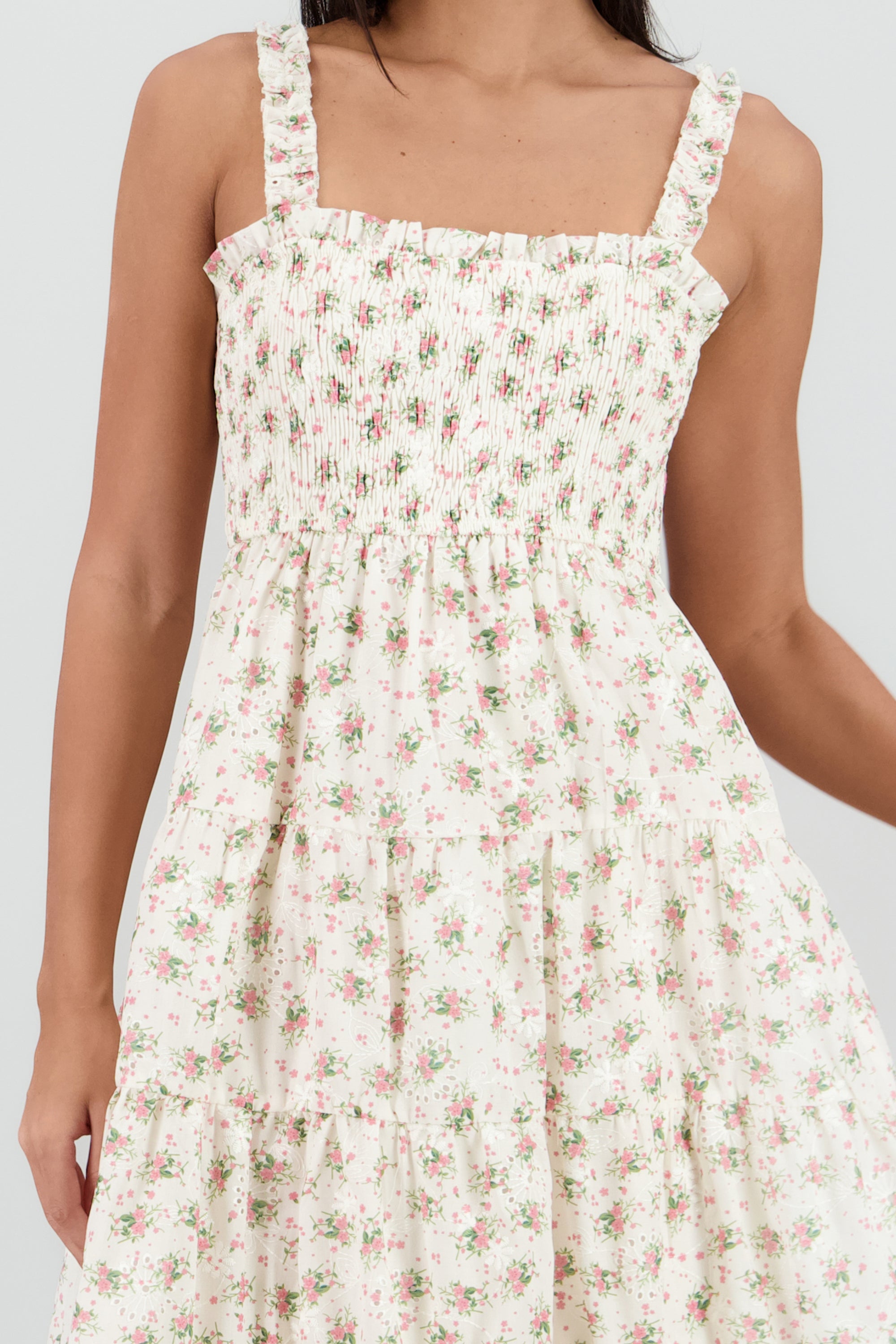 Vestido maxi bordado flores HUESO COMBO