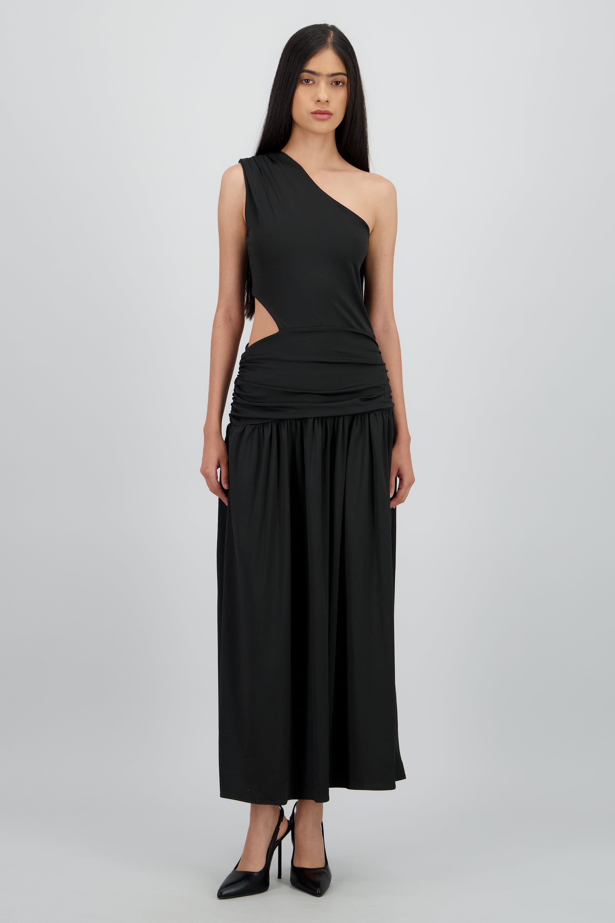 Vestido off shoulder detalle drapeado NEGRO