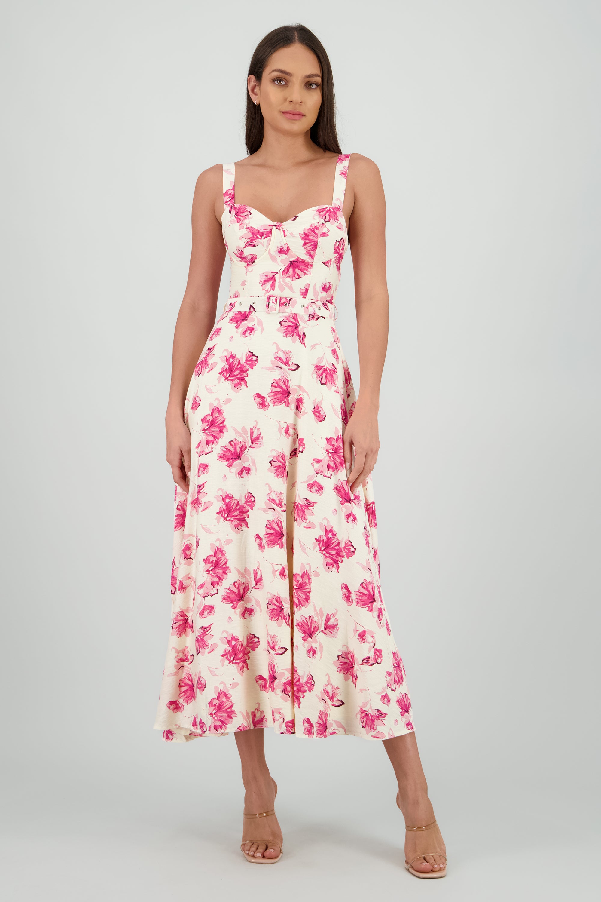 Vestido maxi flores con cinturon ROSA COMBO