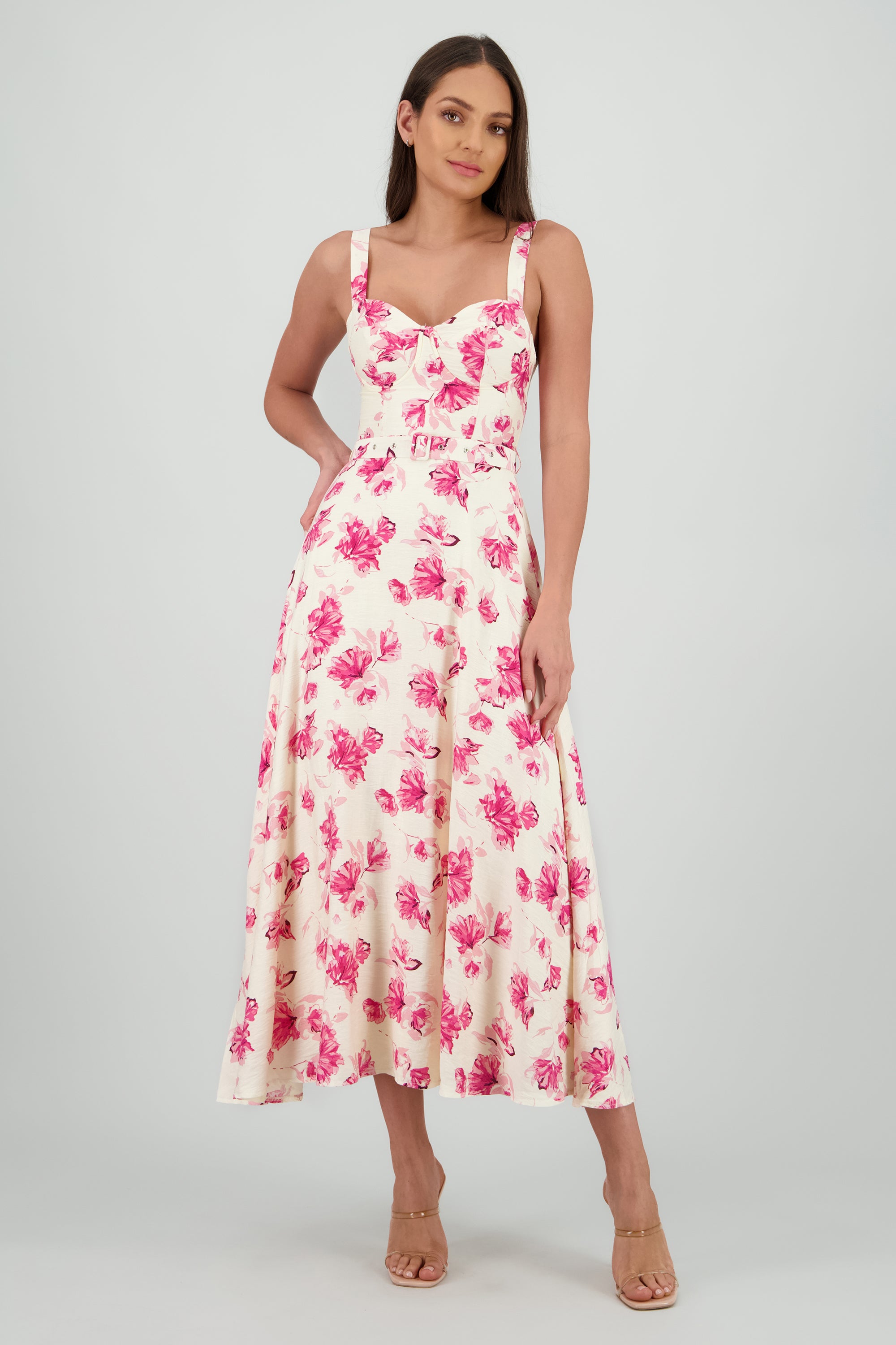 Vestido maxi flores con cinturon ROSA COMBO