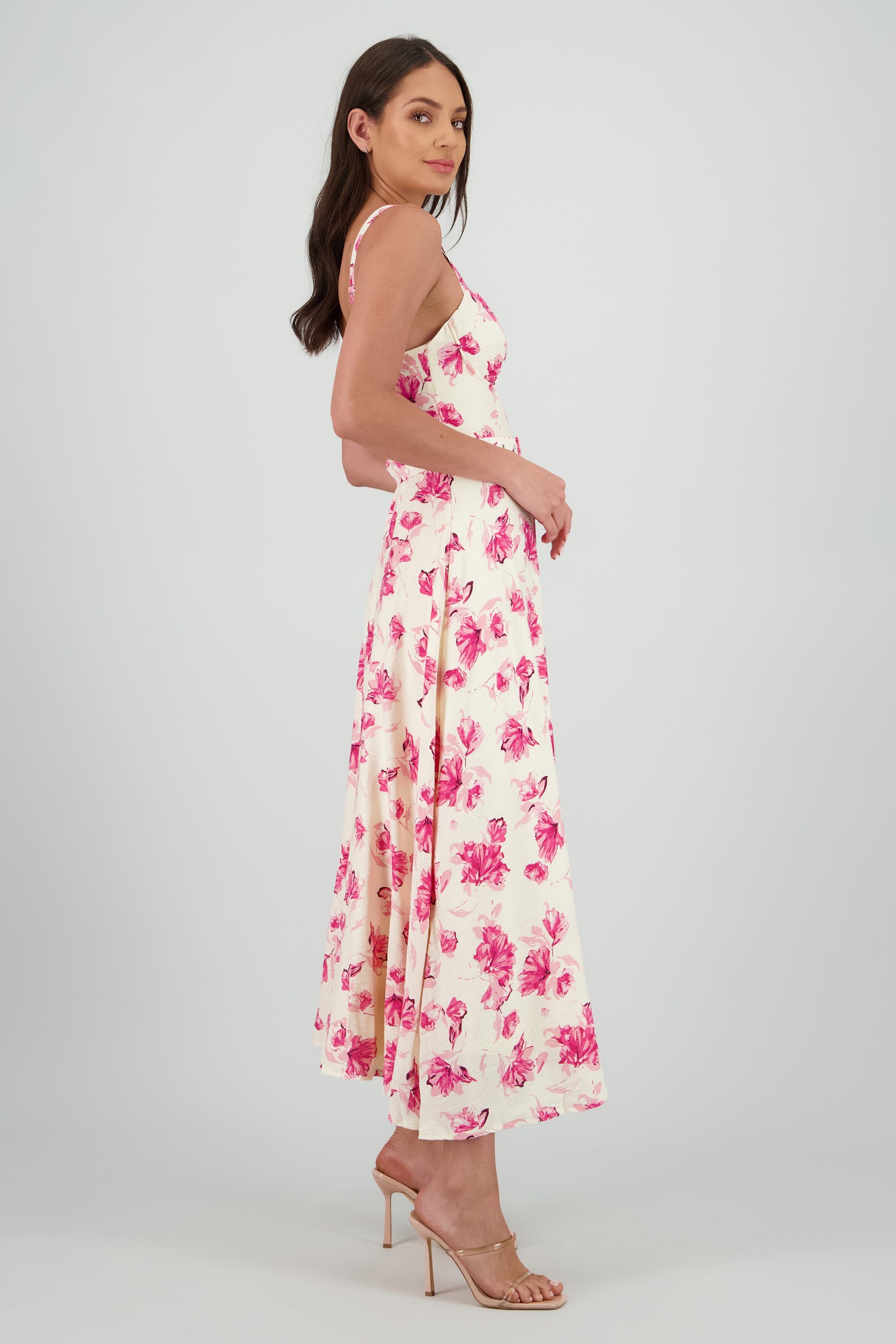 Vestido maxi flores con cinturon ROSA COMBO