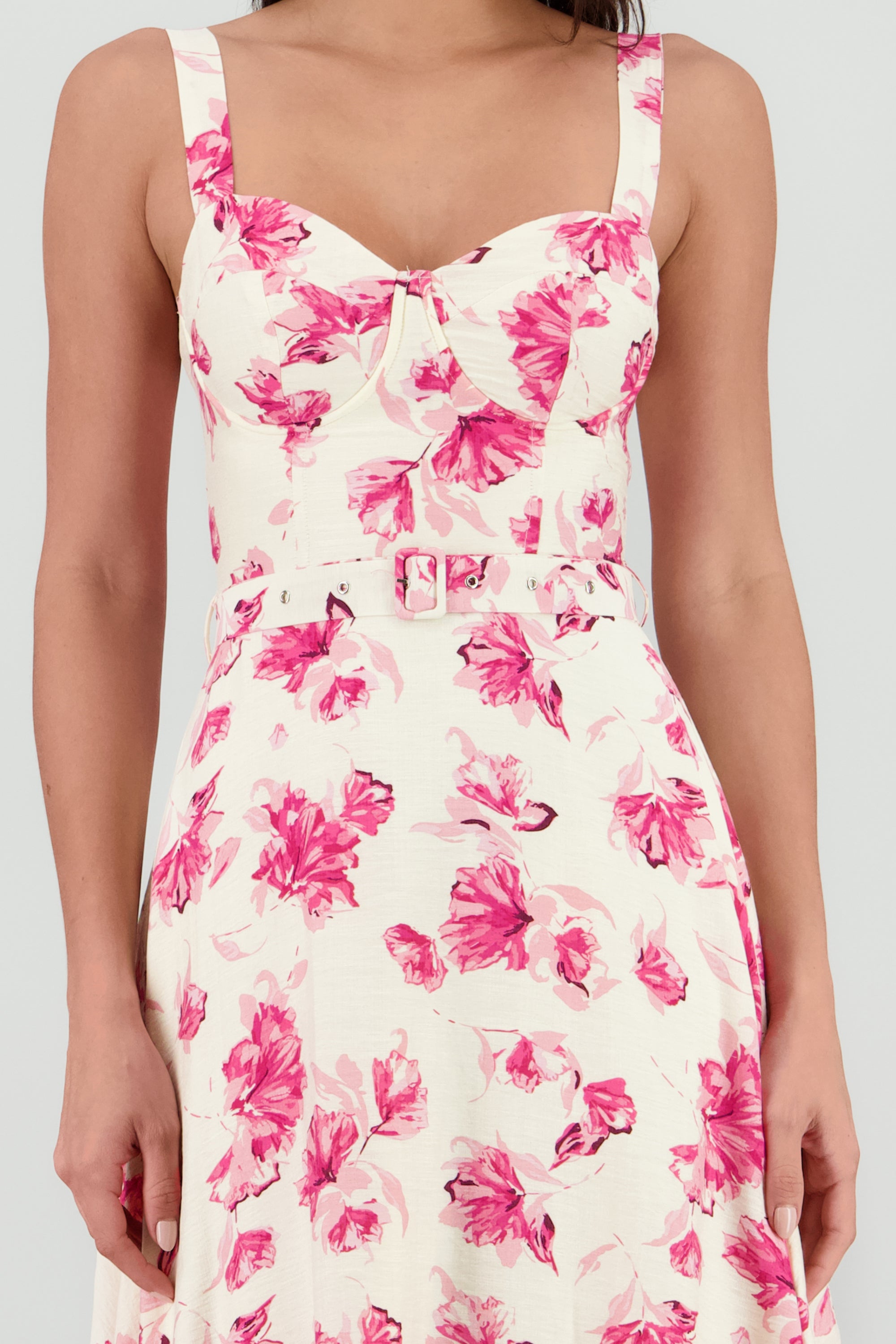 Vestido maxi flores con cinturon ROSA COMBO