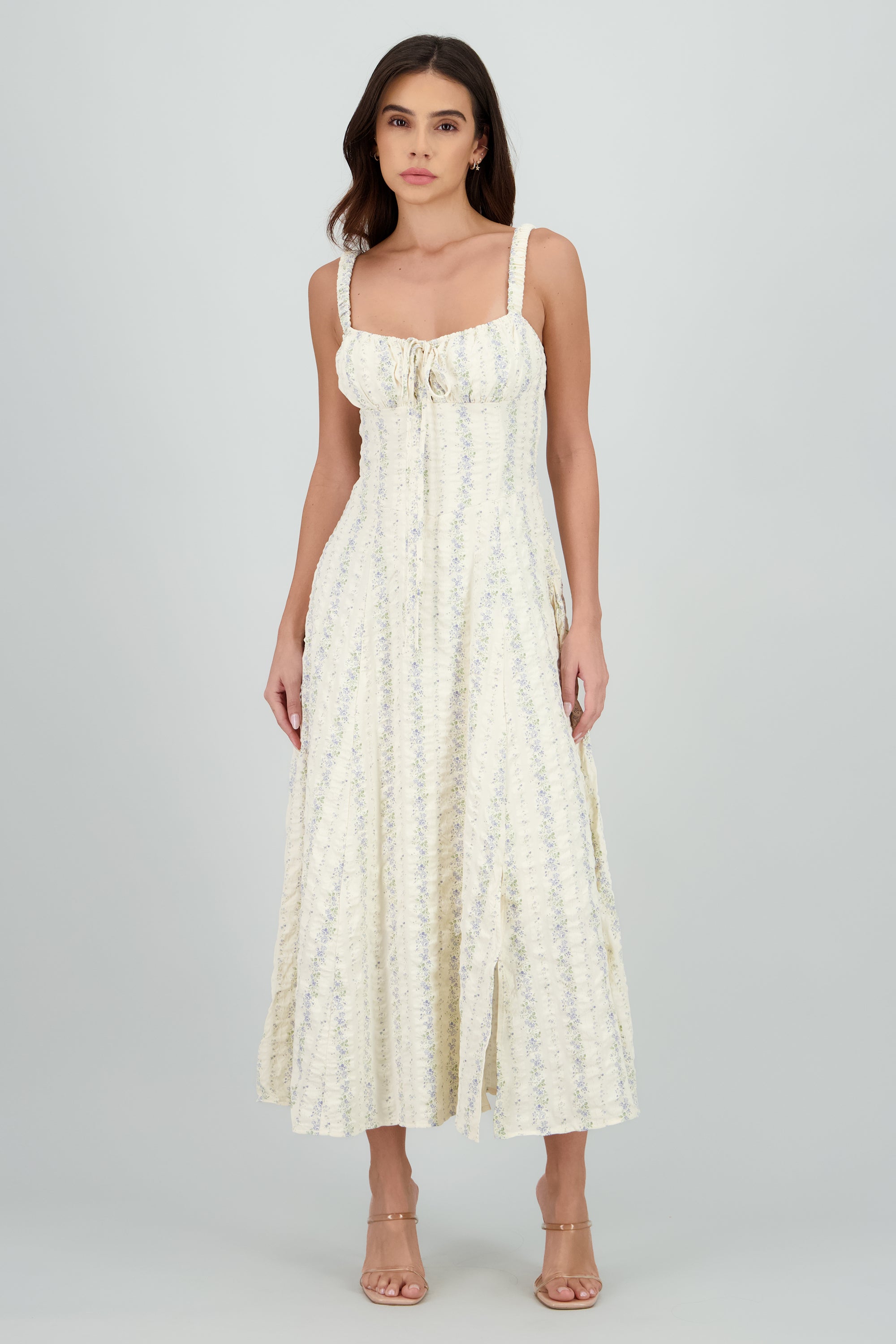 Vestido maxi escote plisado flores HUESO COMBO