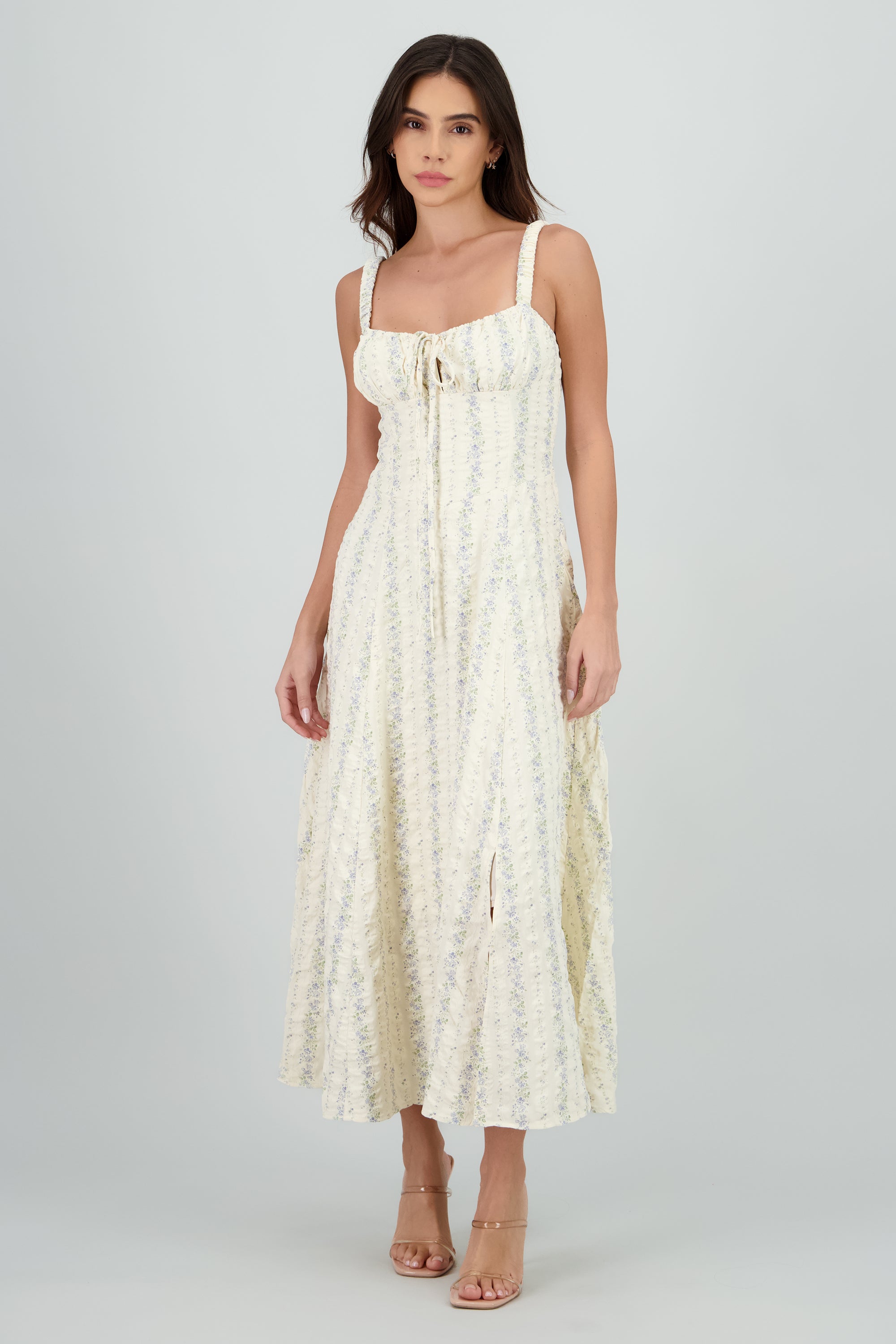 Vestido maxi escote plisado flores HUESO COMBO