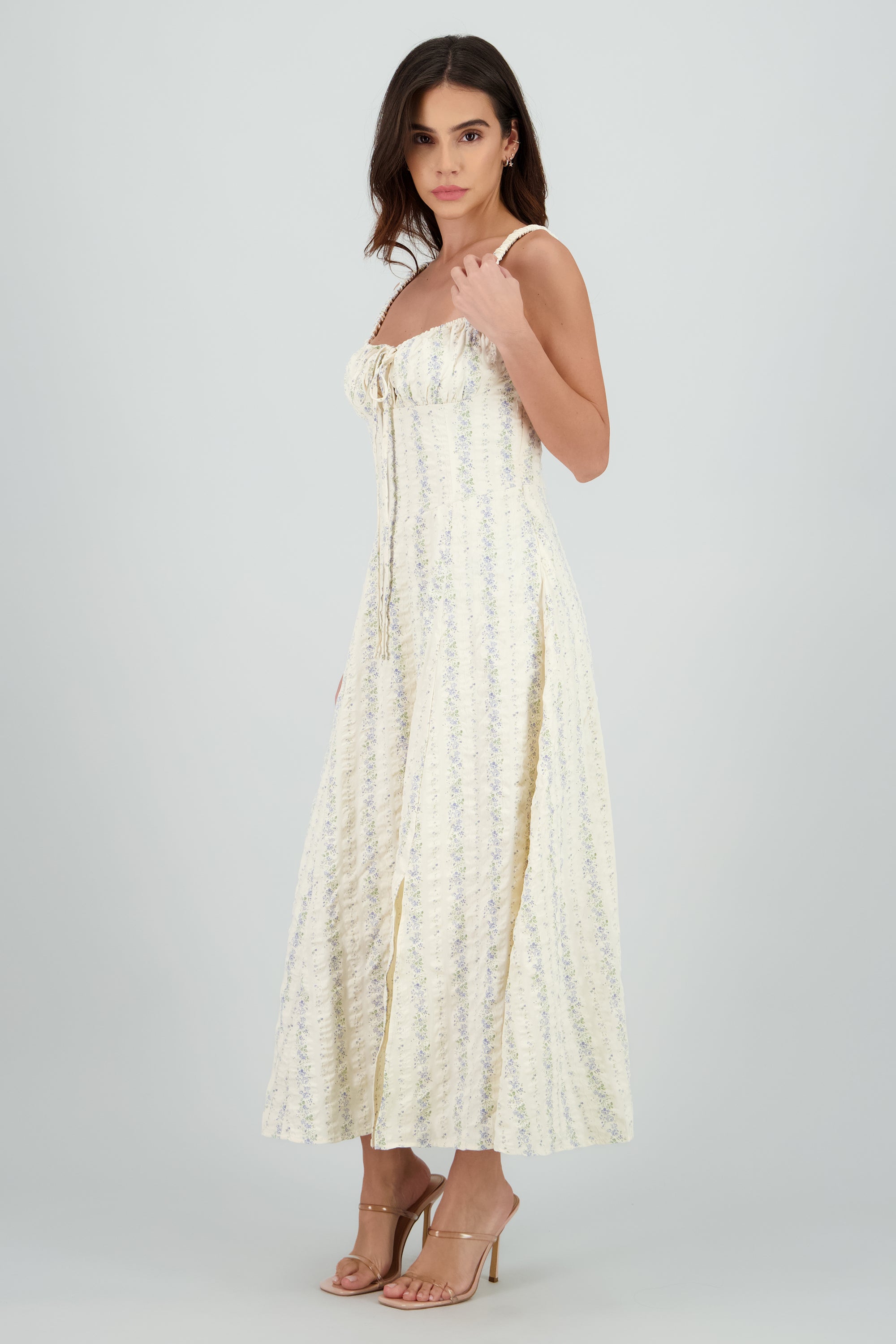 Vestido maxi escote plisado flores HUESO COMBO