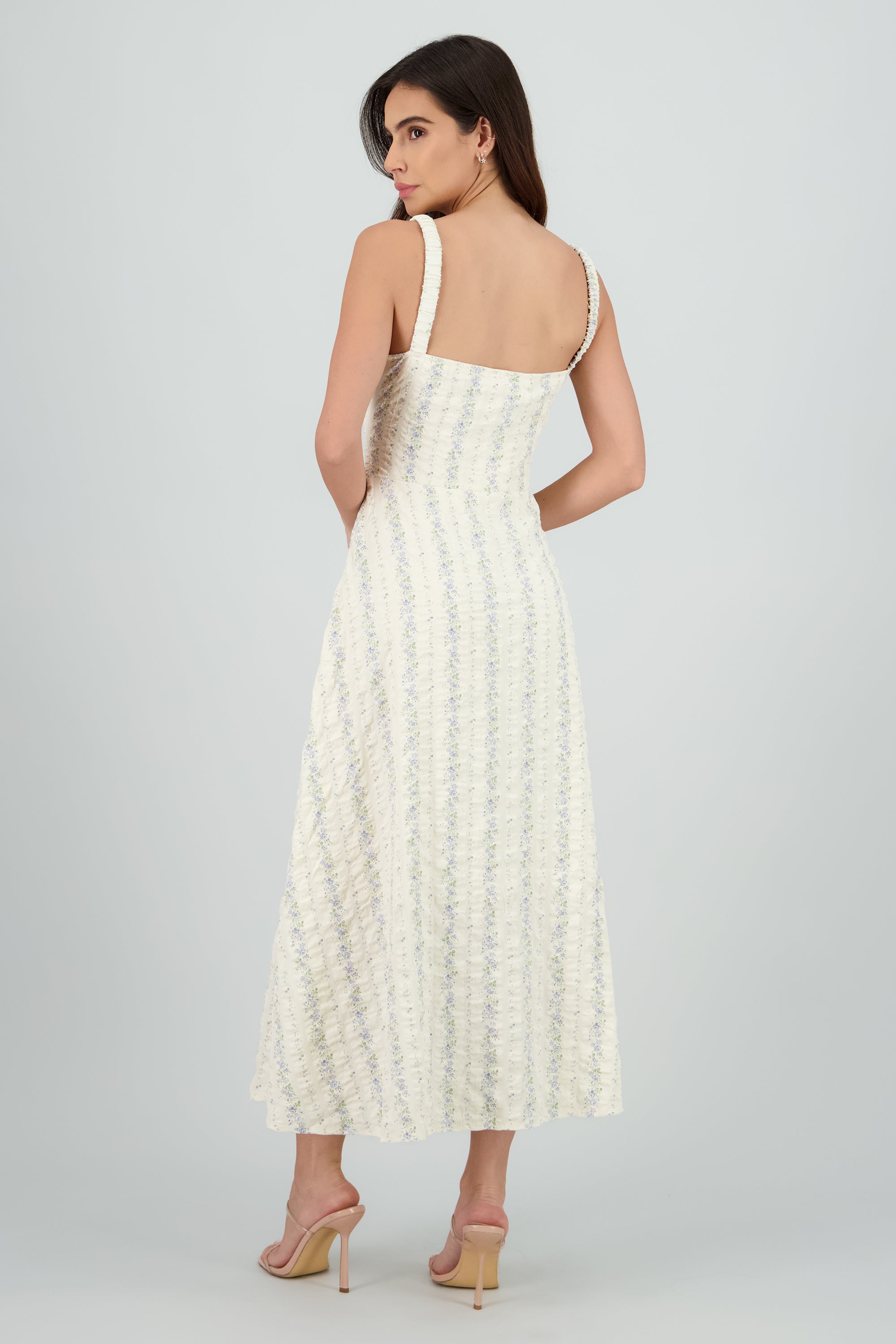 Vestido maxi escote plisado flores HUESO COMBO