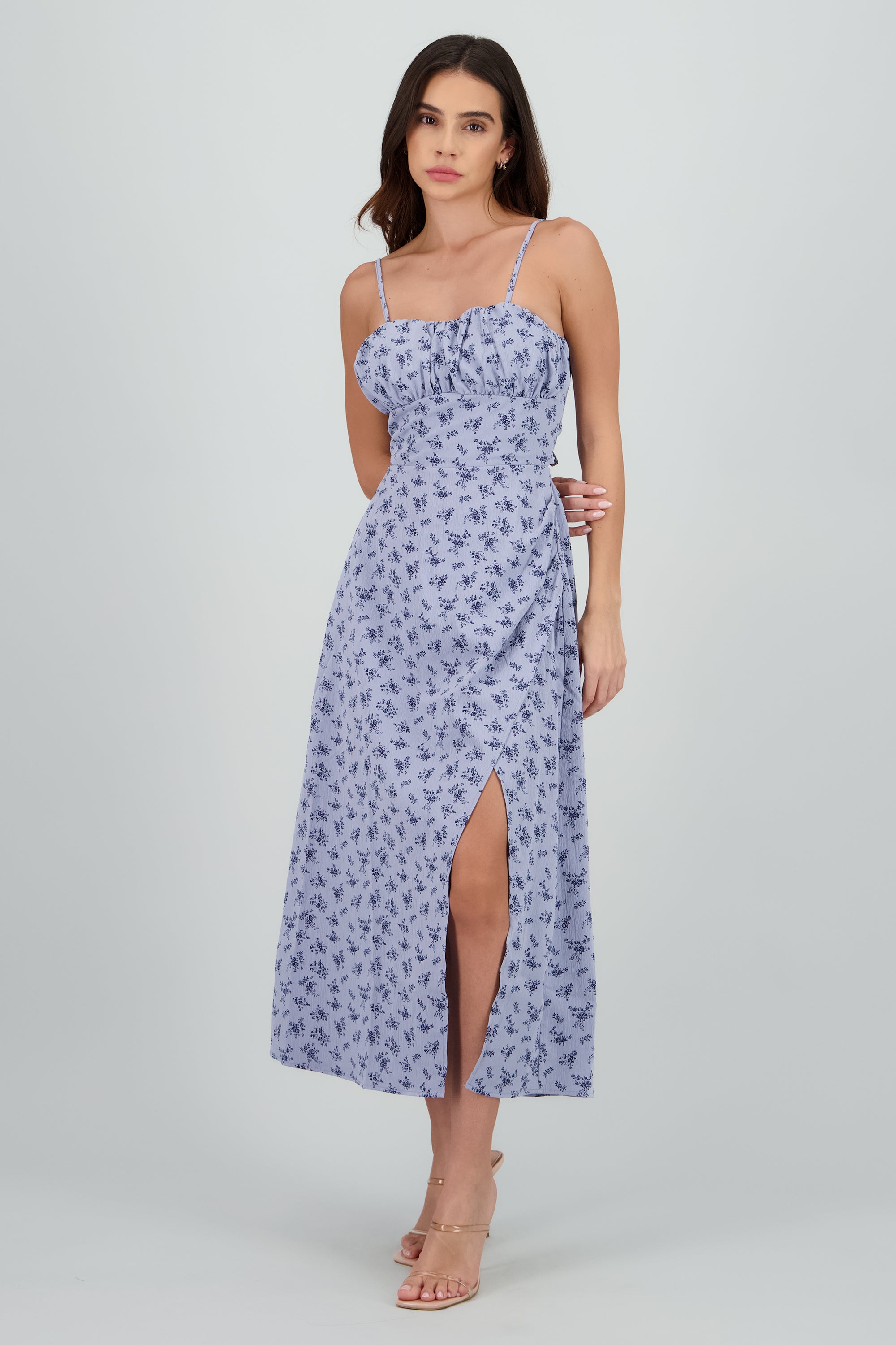 Vestido midi flores con abertura AZUL