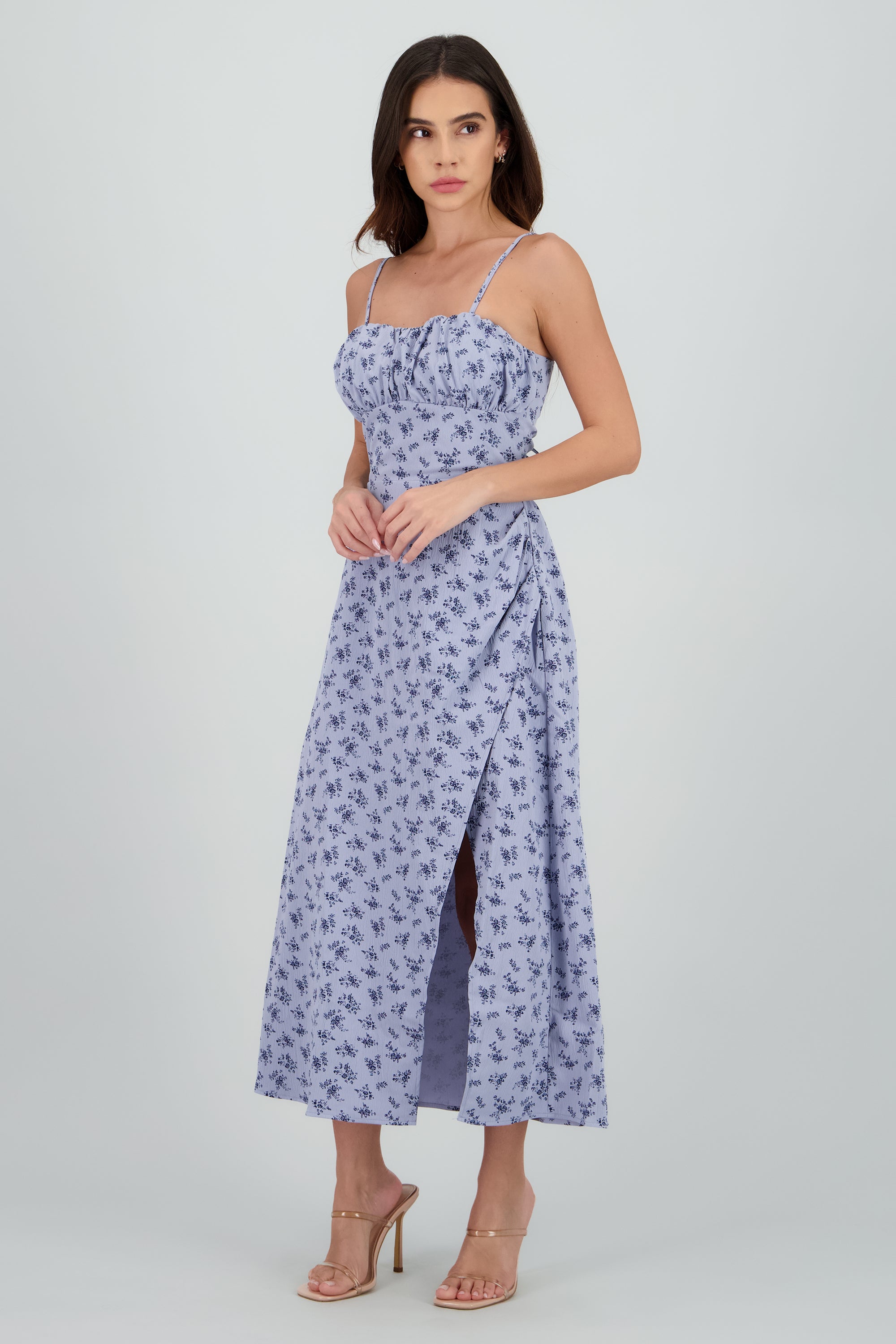 Vestido midi flores con abertura AZUL