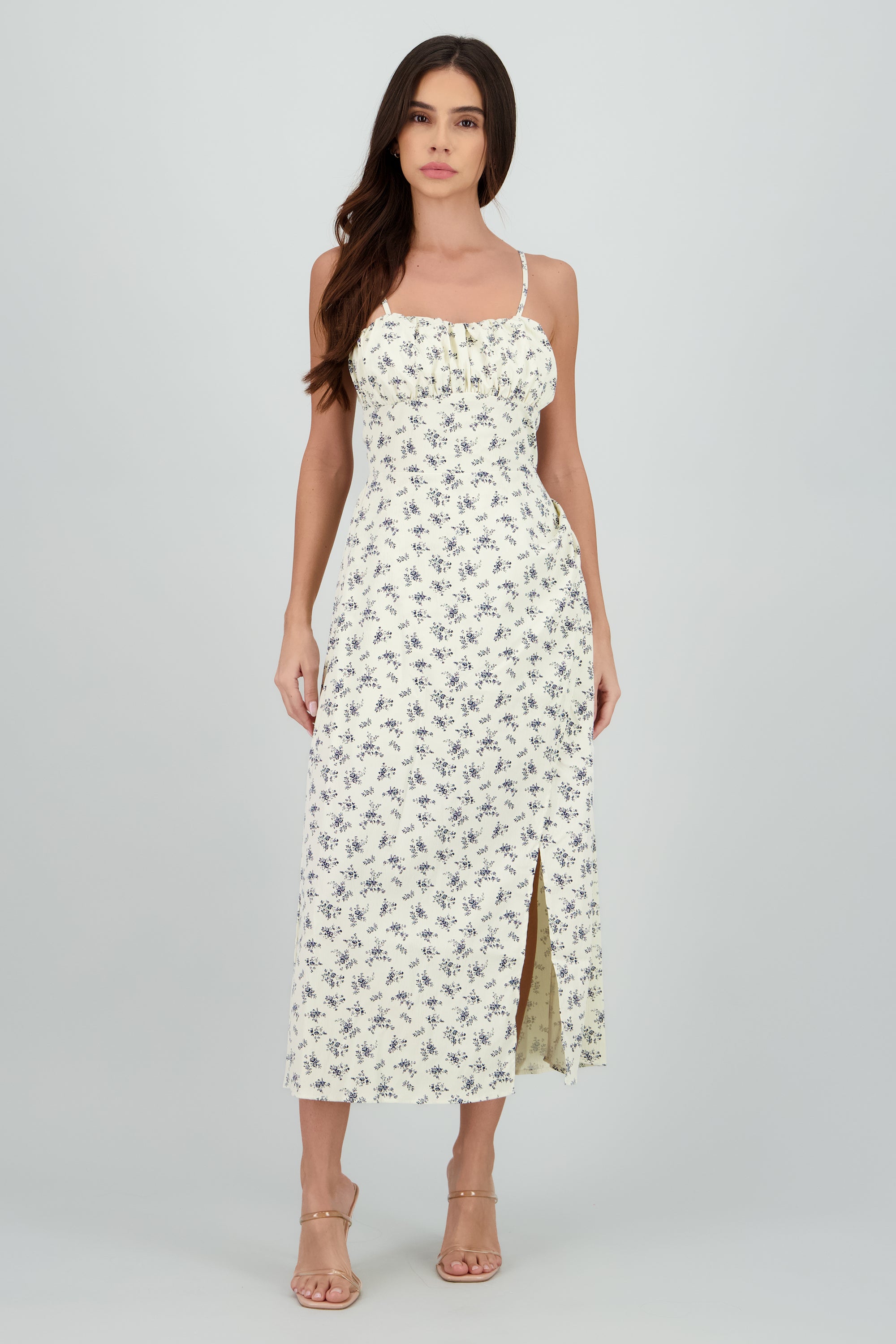 Vestido midi flores con abertura CREMA
