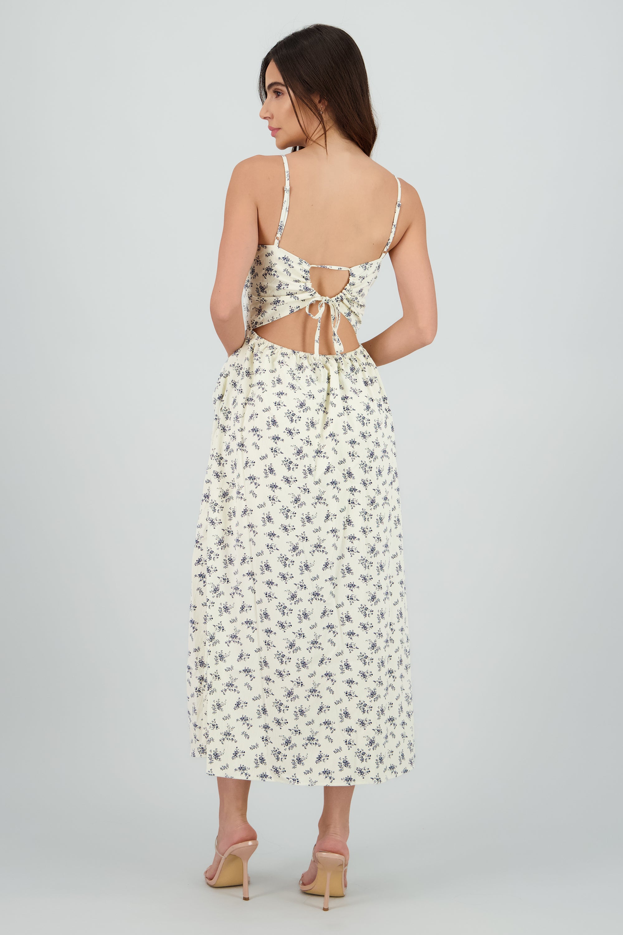 Vestido midi flores con abertura CREMA