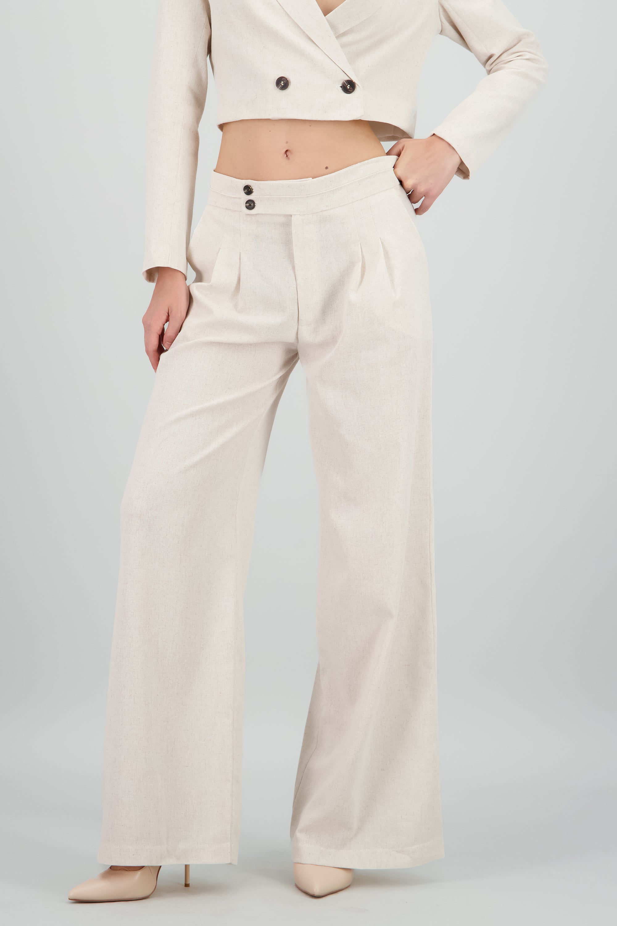 Pantalón fluido pinzas con lino CREMA