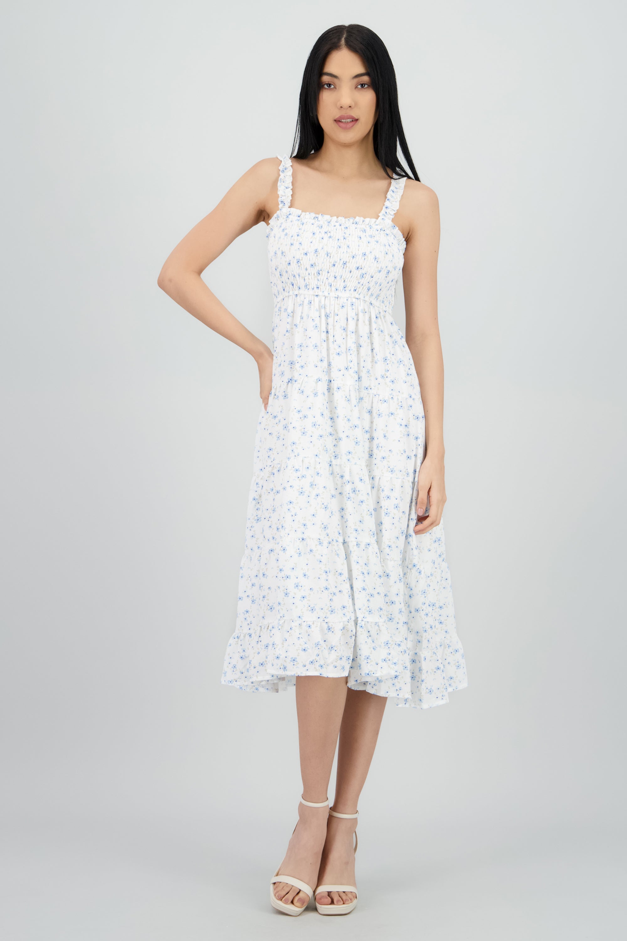 Vestido midi smocked flores AZUL COMBO