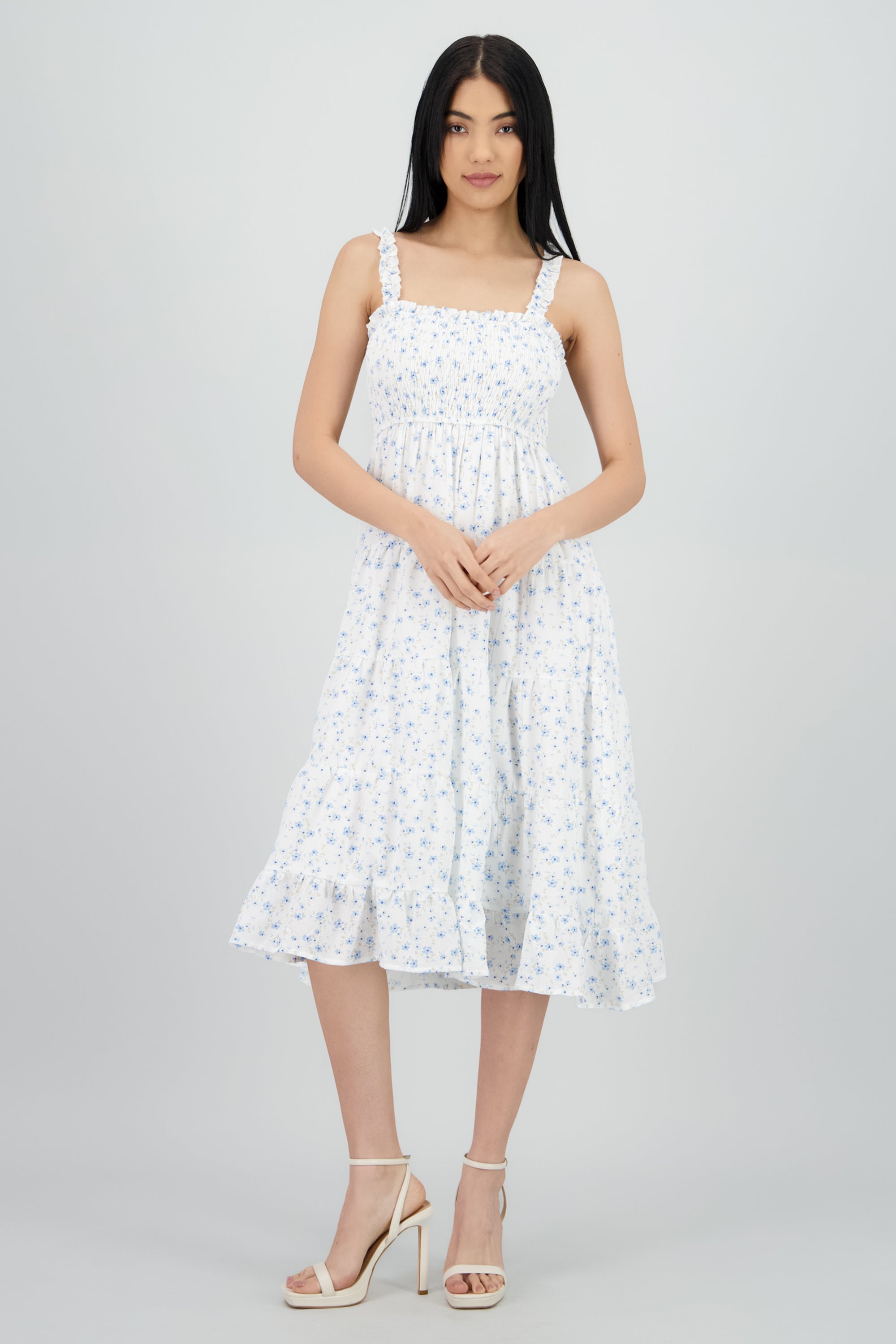 Vestido midi smocked flores AZUL COMBO