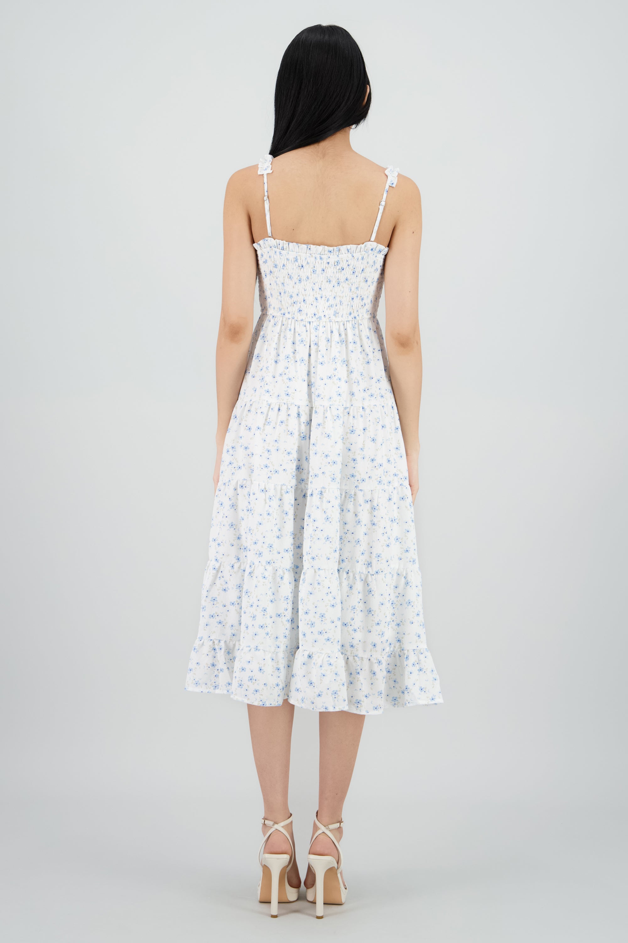 Vestido midi smocked flores AZUL COMBO