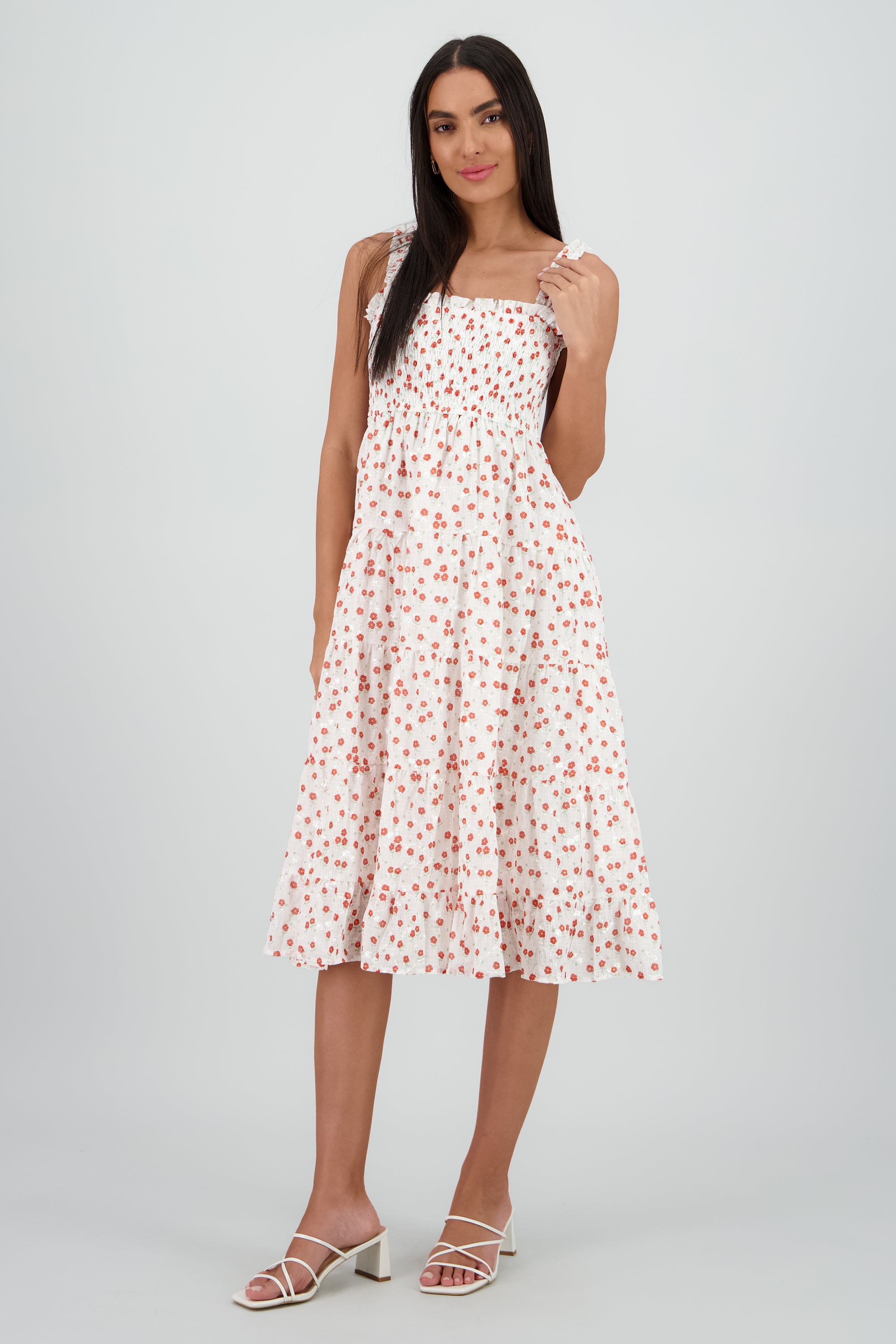 Vestido midi smocked flores bordados ROJO COMBO