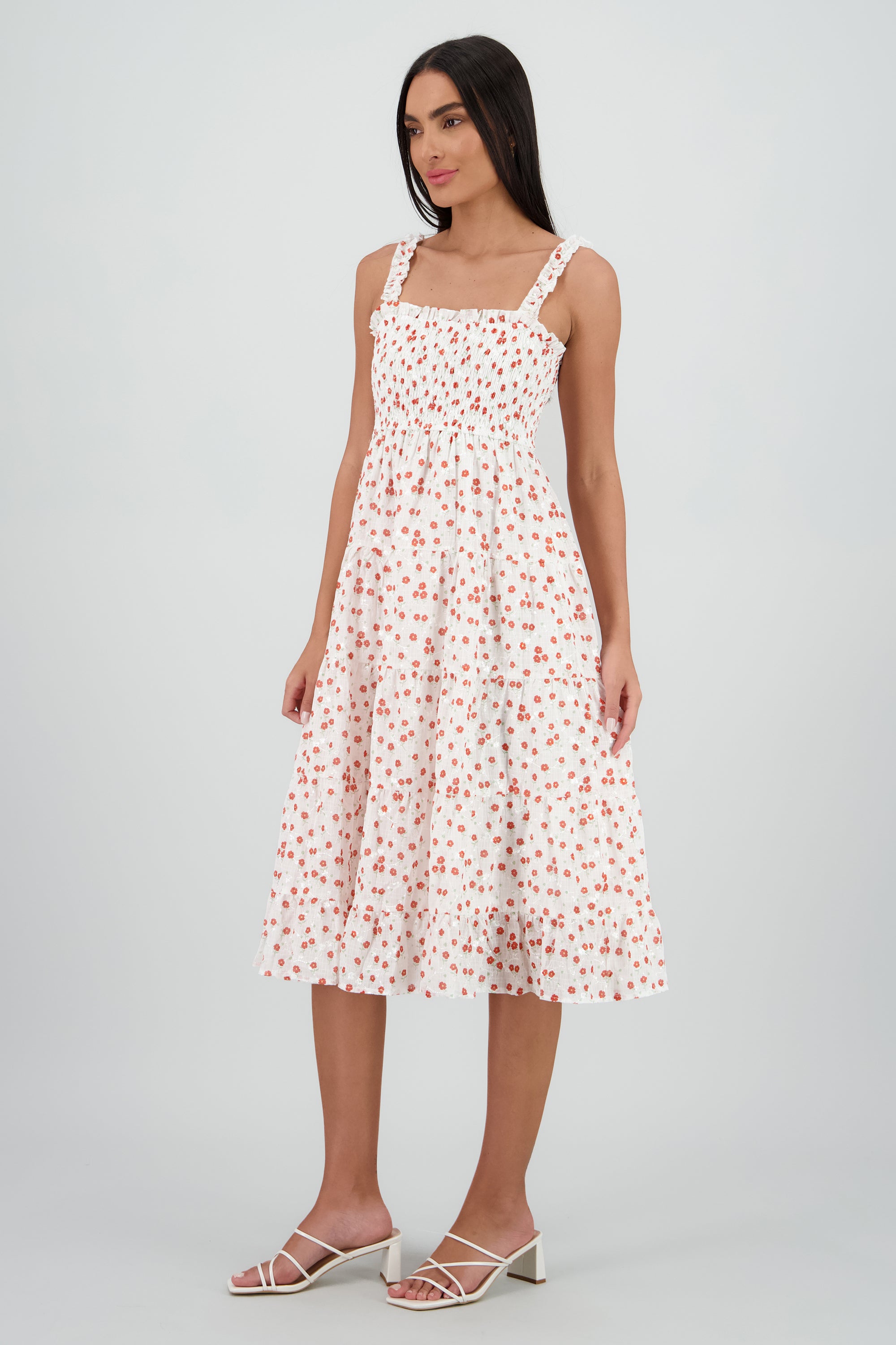 Vestido midi smocked flores bordados ROJO COMBO