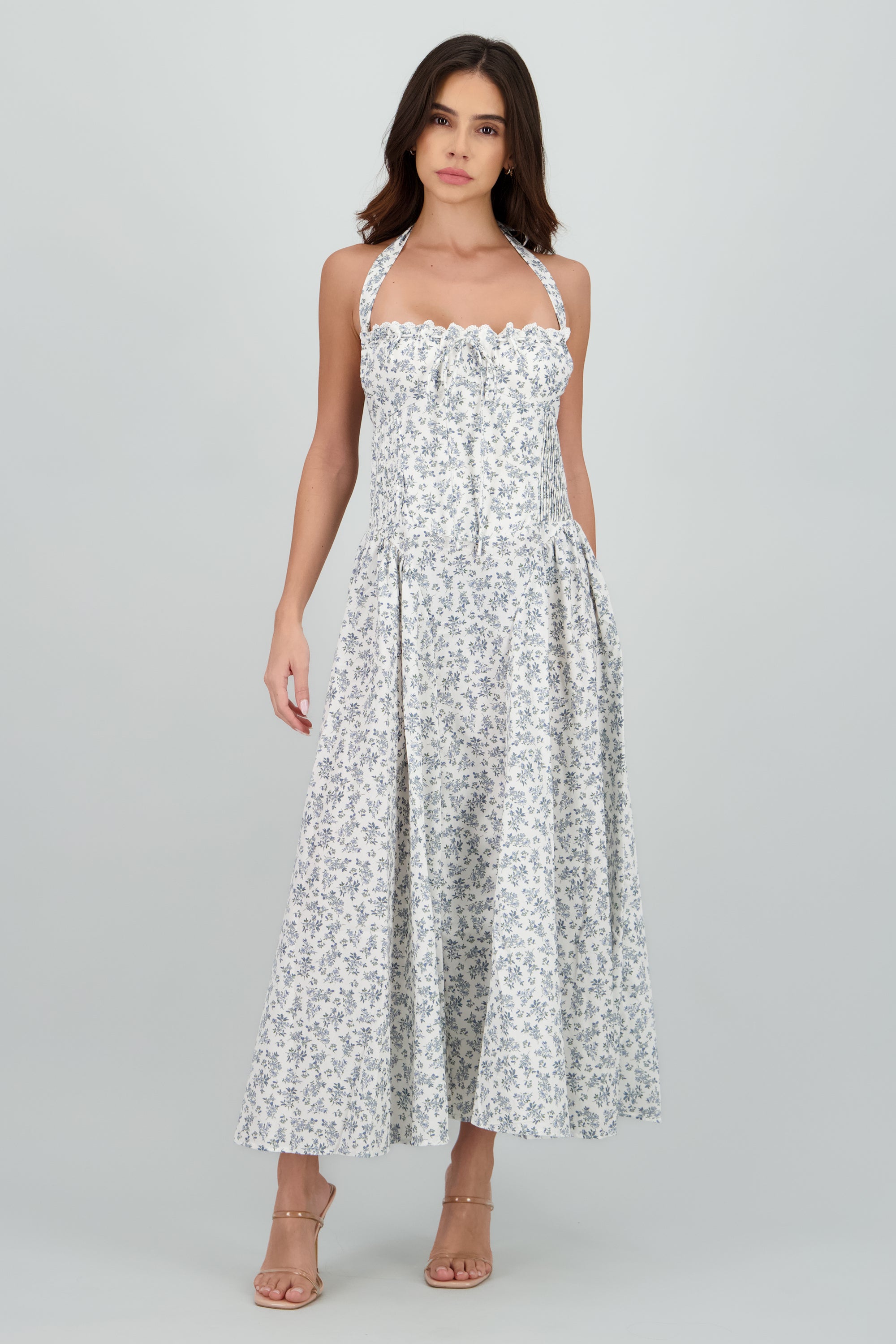 Vestido midi halter estampado flores BLANCO COMBO