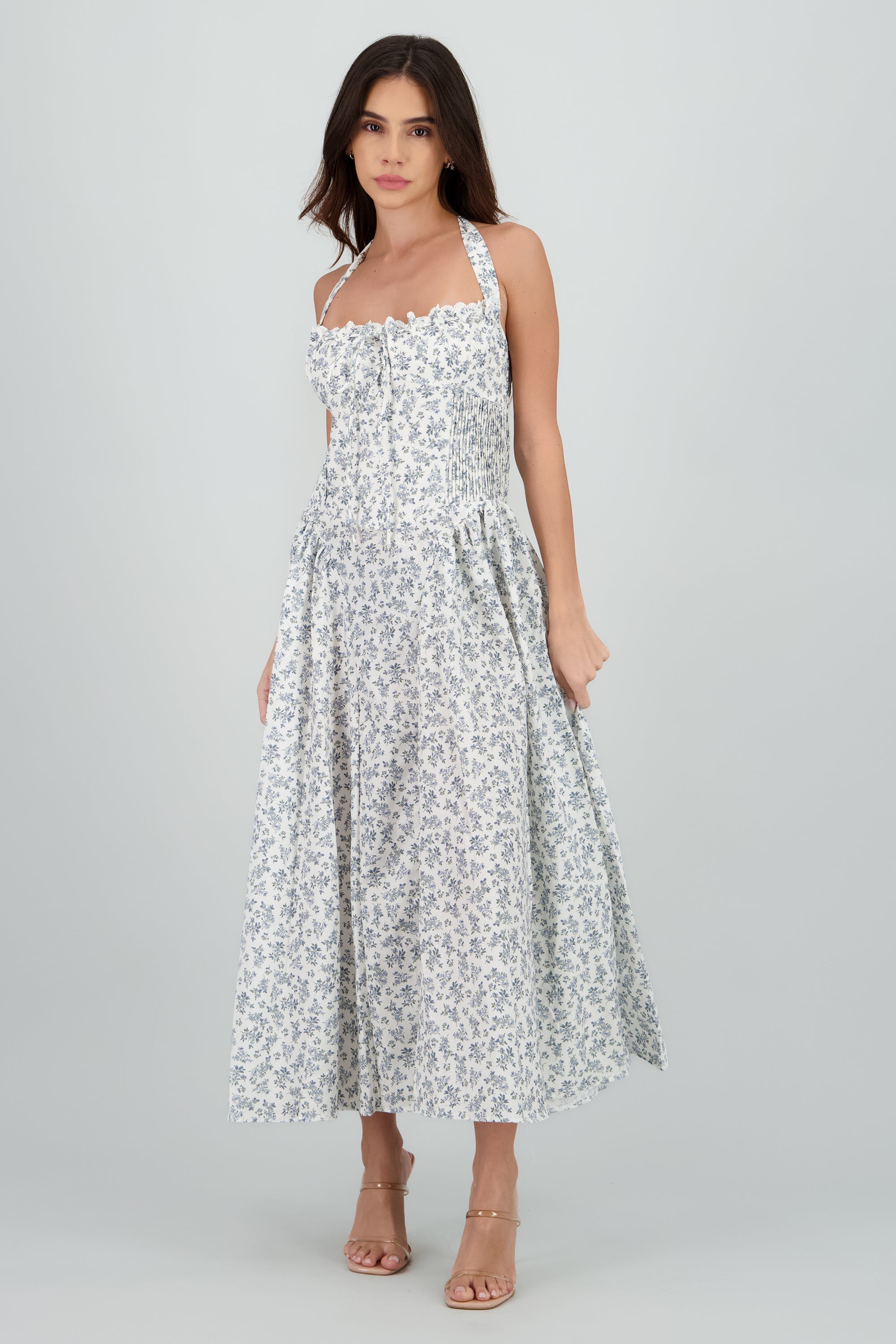 Vestido midi halter estampado flores BLANCO COMBO