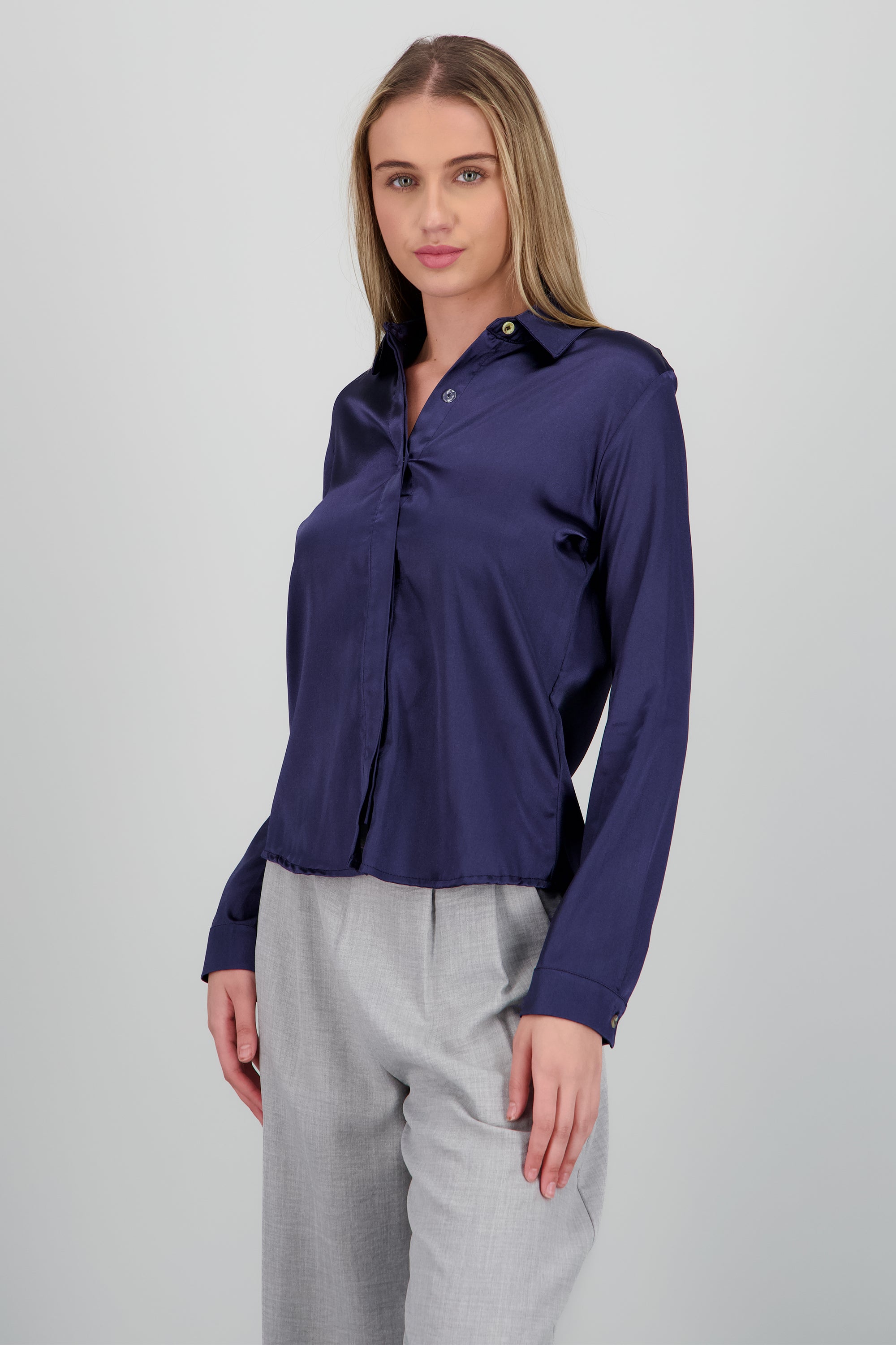 Camisa manga larga cuello detalle satinado MARINO