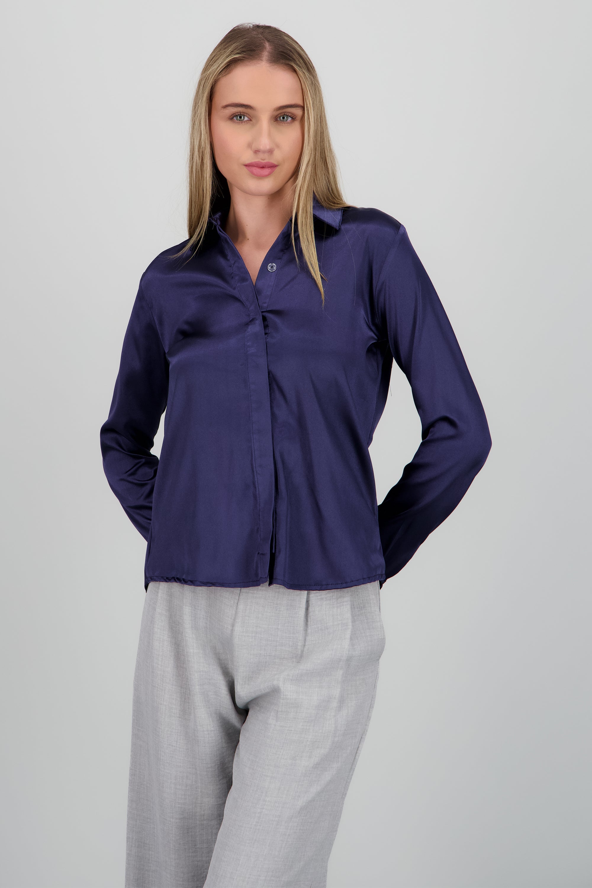 Camisa manga larga cuello detalle satinado MARINO