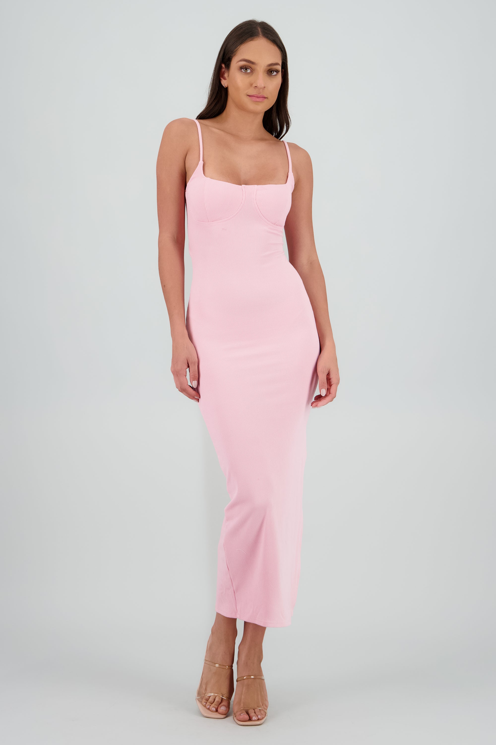 Vestido maxi rib con copas PALO DE ROSA