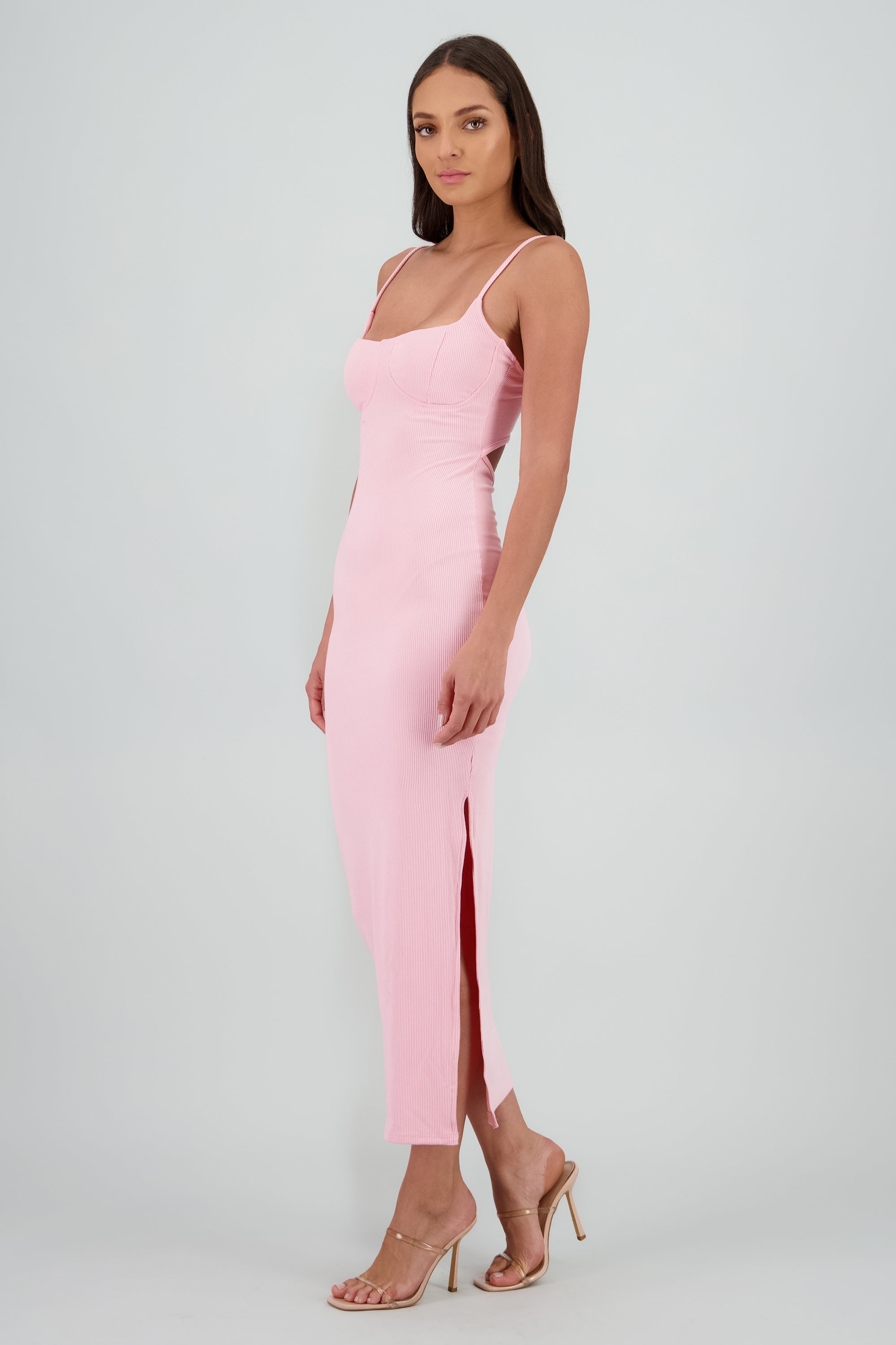 Vestido maxi rib con copas PALO DE ROSA