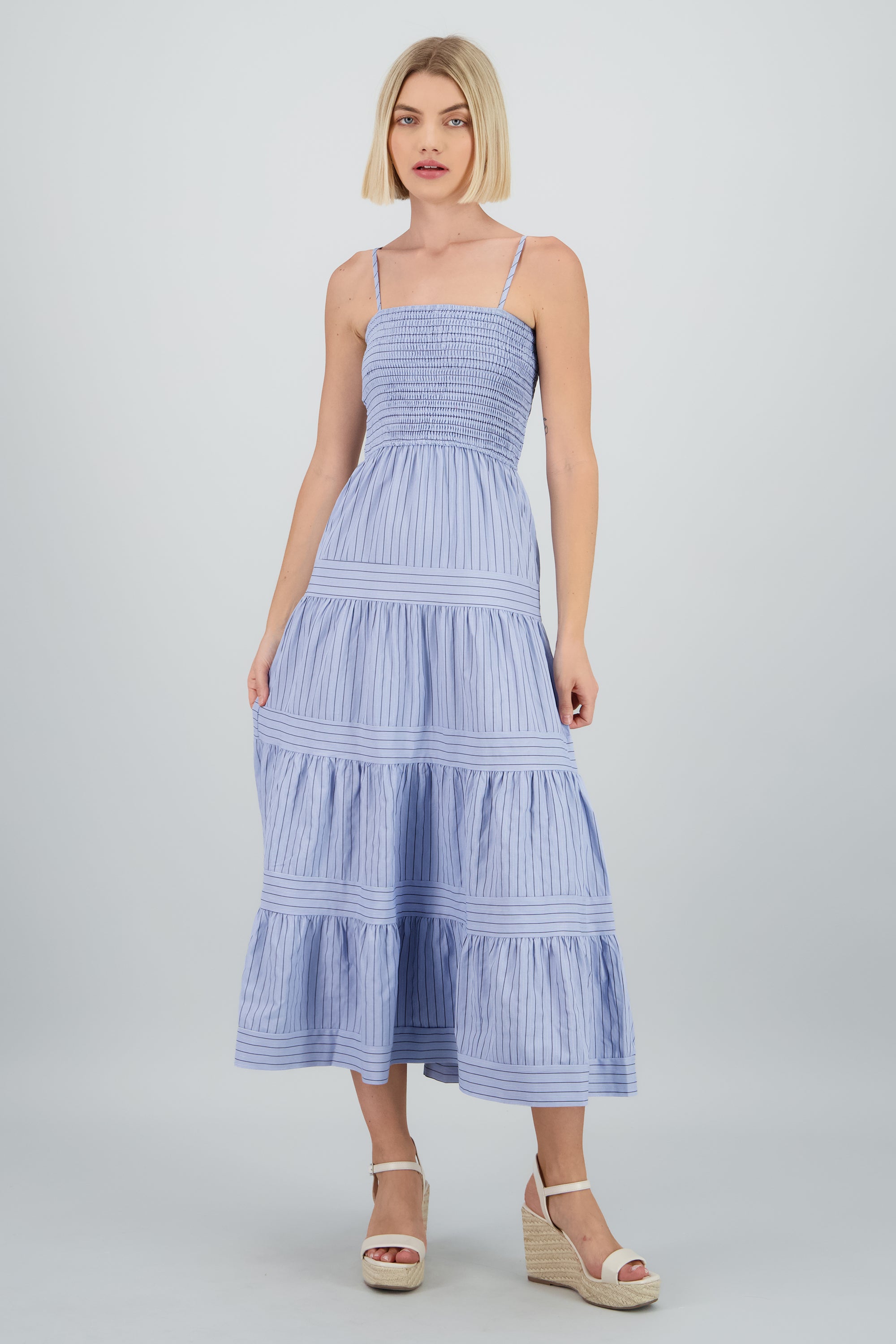 Maxivestido smock estampado rayas AZUL COMBO