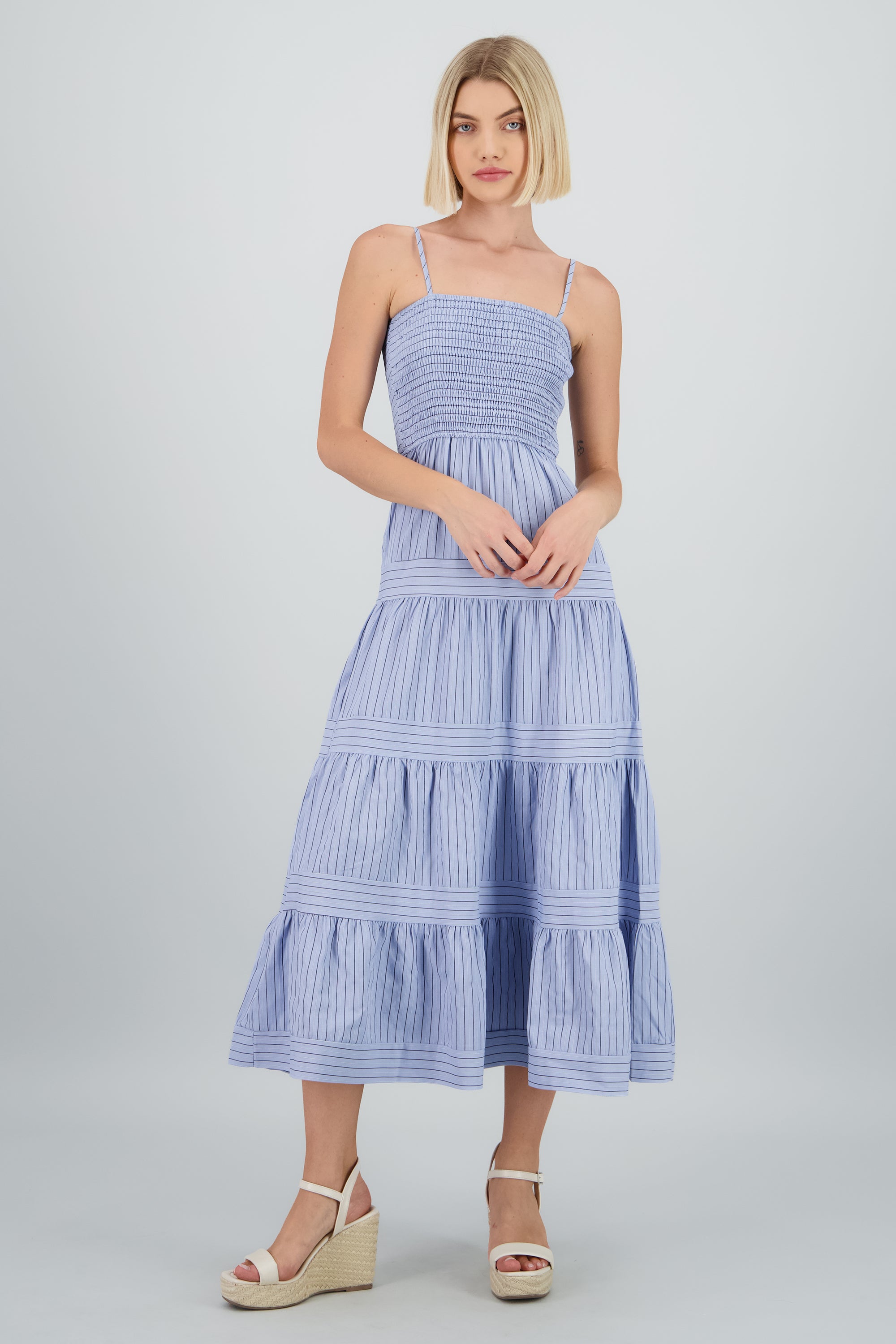 Maxivestido smock estampado rayas AZUL COMBO