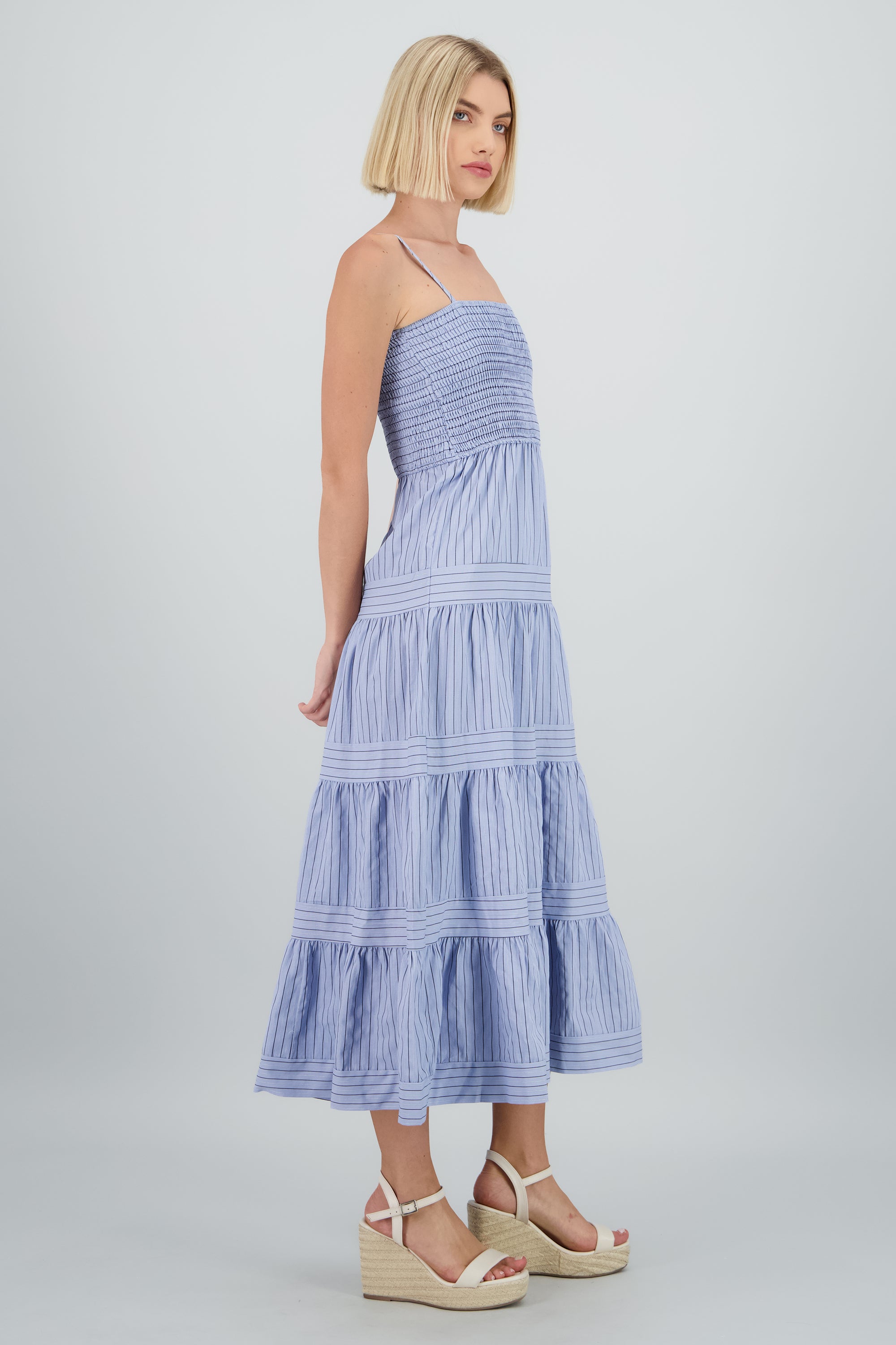Maxivestido smock estampado rayas AZUL COMBO