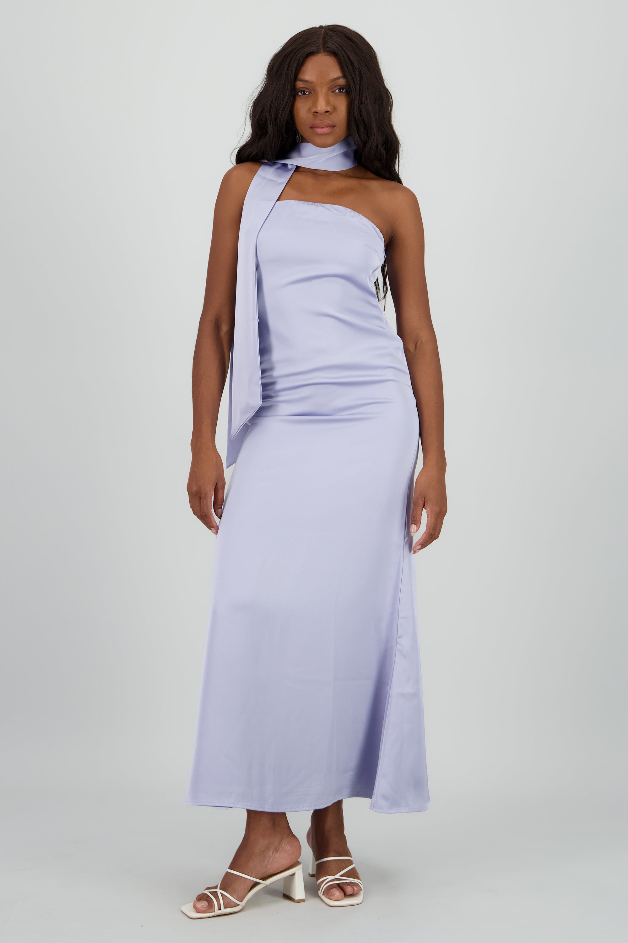 Vestido maxi satin strapless con bufanda AZUL