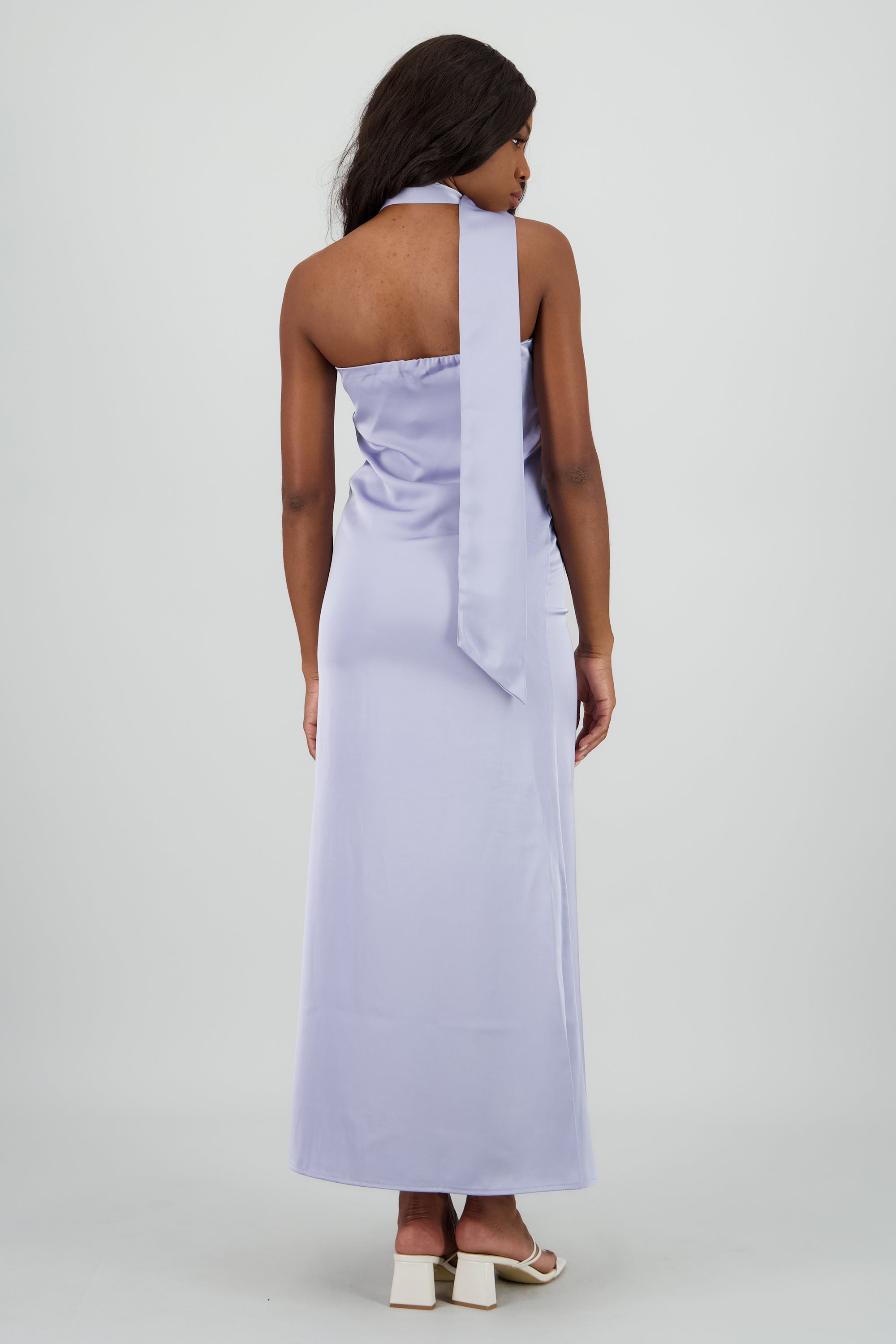Vestido maxi satin strapless con bufanda AZUL