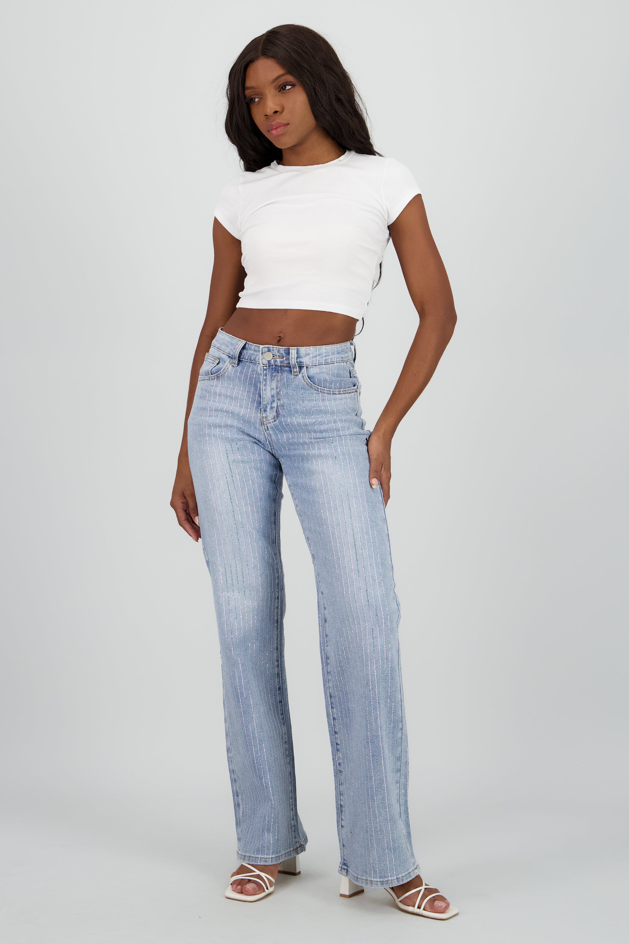 Jeans wide leg tiras brillos LIGHT WASH